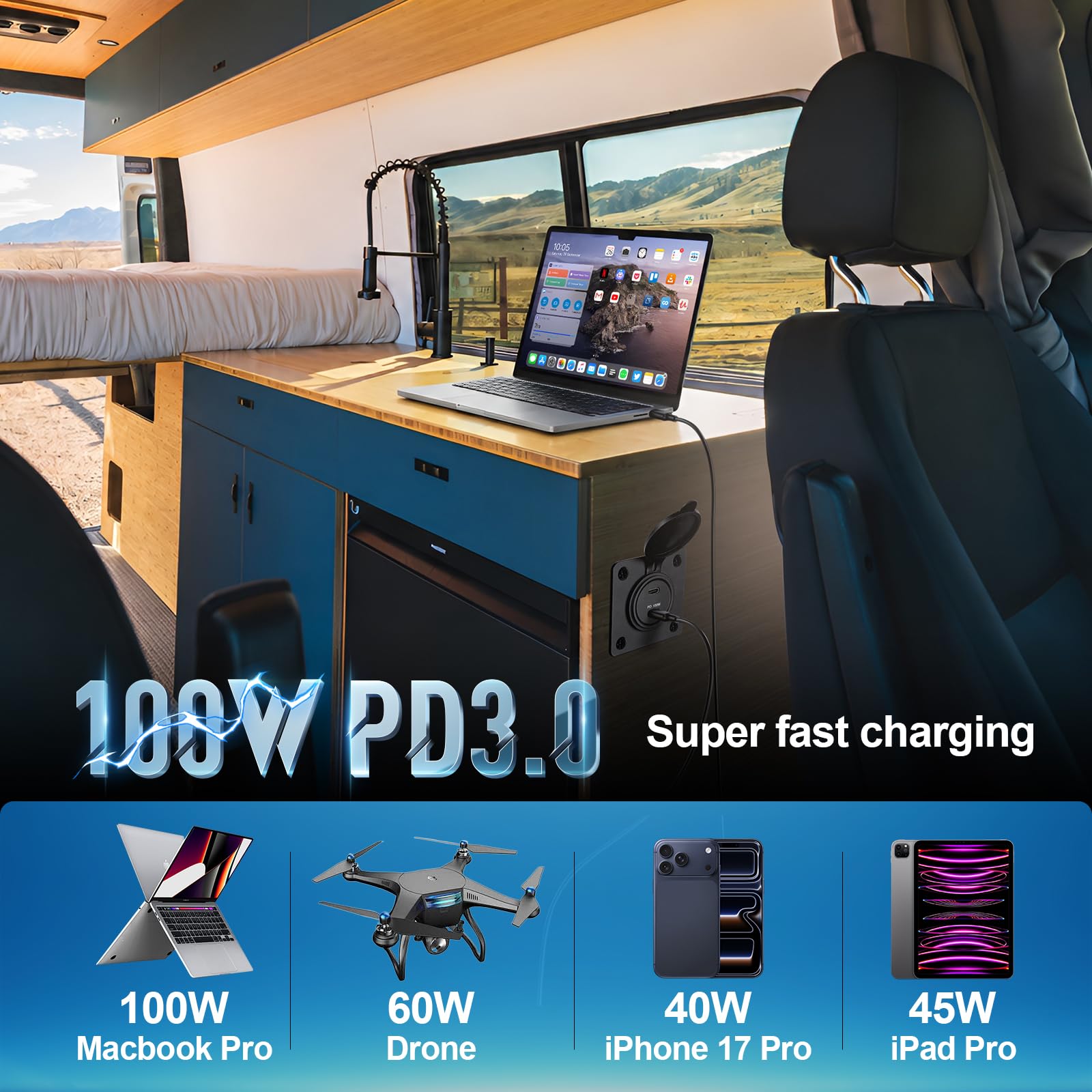 Gniazdo USB C 100 W PD i 20 W PD wszystko z aluminium, 2 szt | Samochód kempingowy Gniazdo USB Ładowarka, szybkie ładowanie do laptopa przyczepy kempingowej łodzi ciężarówki