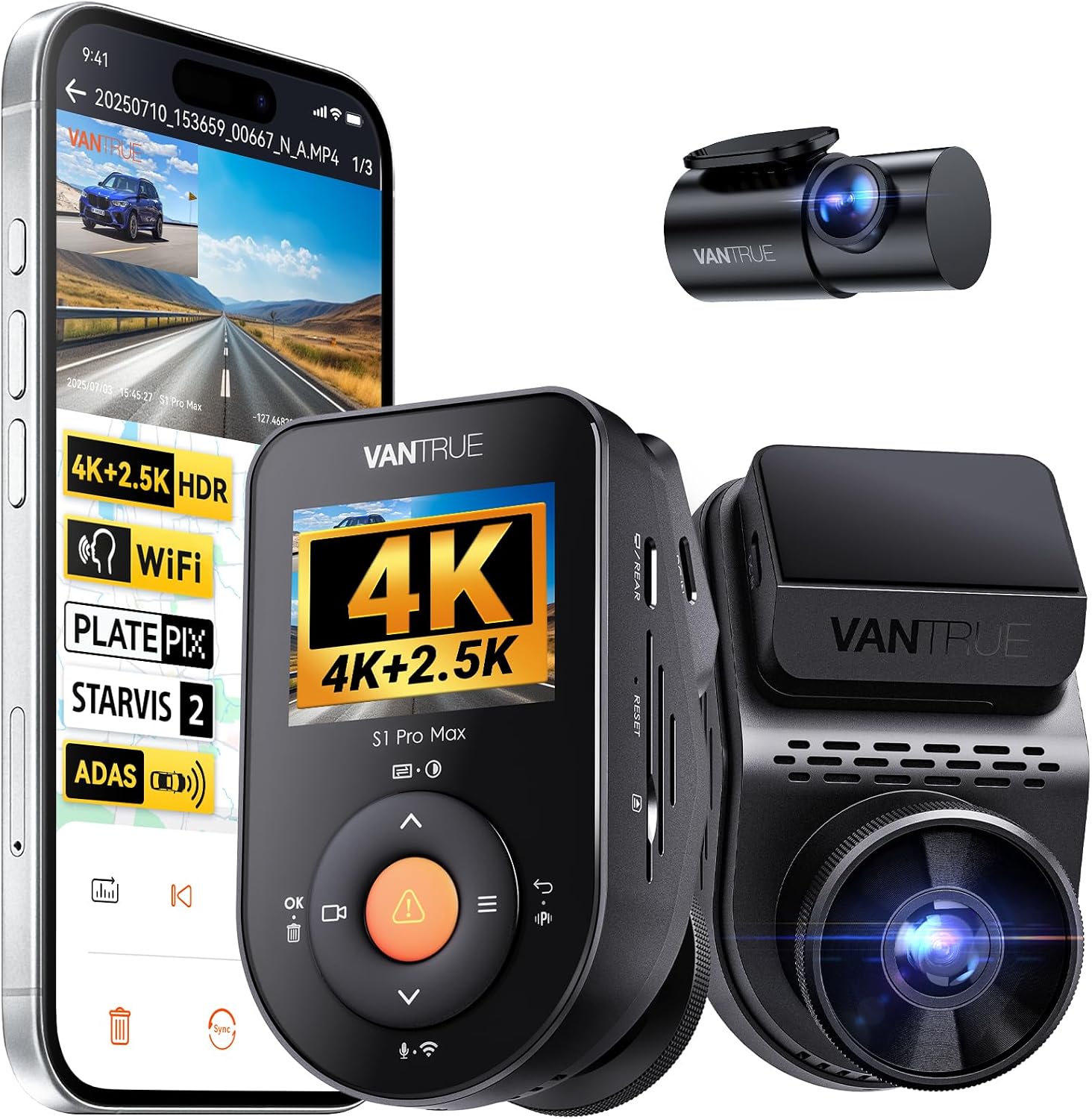 VANTRUE S1 PRO MAX 4K + 2.5K STARVIS 2 Dashcam Auto Anteriore Posteriore, 5G WLAN PlatePix AI Dash Cam GPS 360° HDR Buffer Monitoraggio Parcheggio Auto Camera LTE Opzionale, comando vocale, modalità