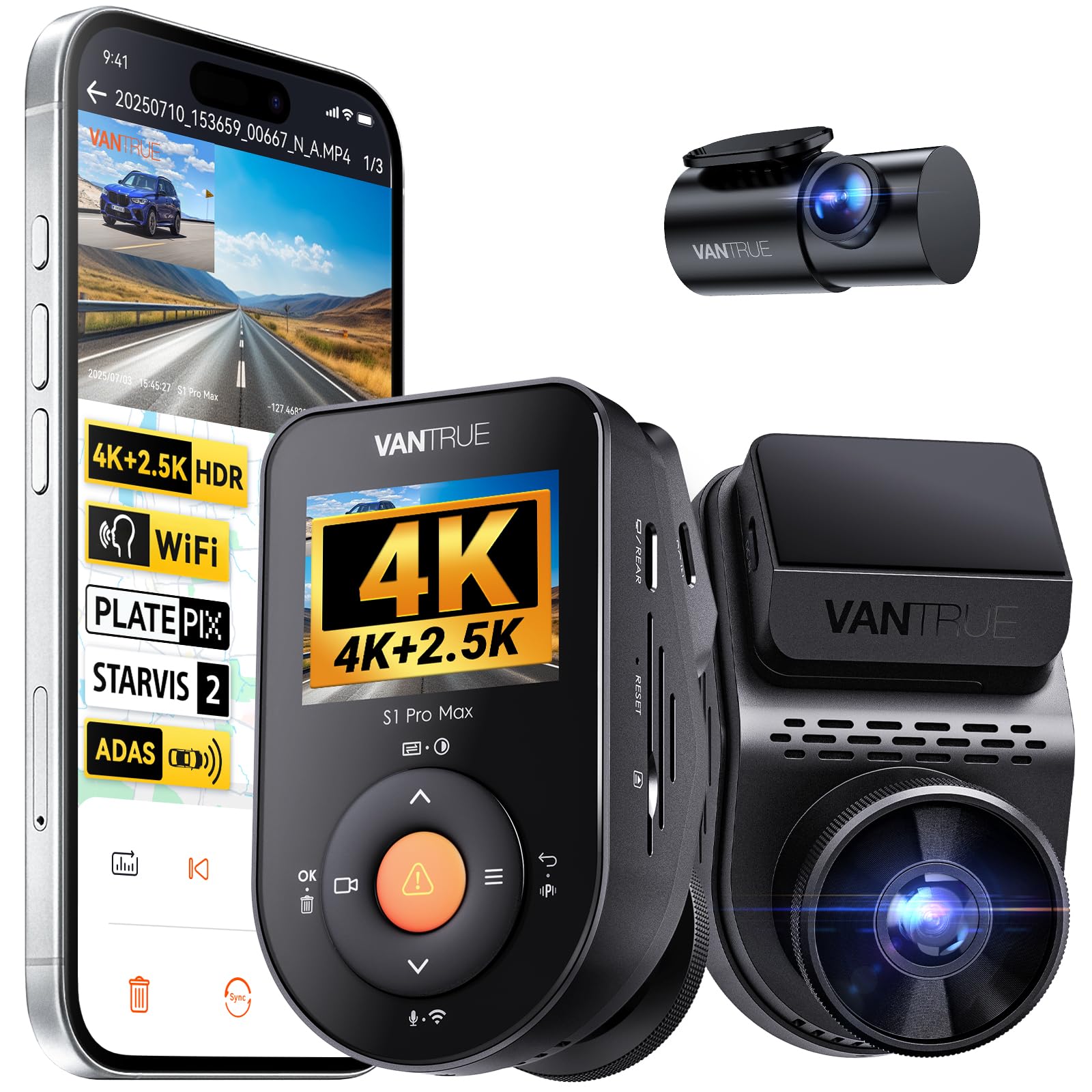 VANTRUE S1 PRO MAX 4K + 2.5K STARVIS 2 Dashcam Auto Delantero Trasero, 5G WiFi PlatePix AI Dash Cam GPS 360° HDR Buffer Monitor de aparcamiento Cámara de coche, LTE opcional, comando de voz, modos de