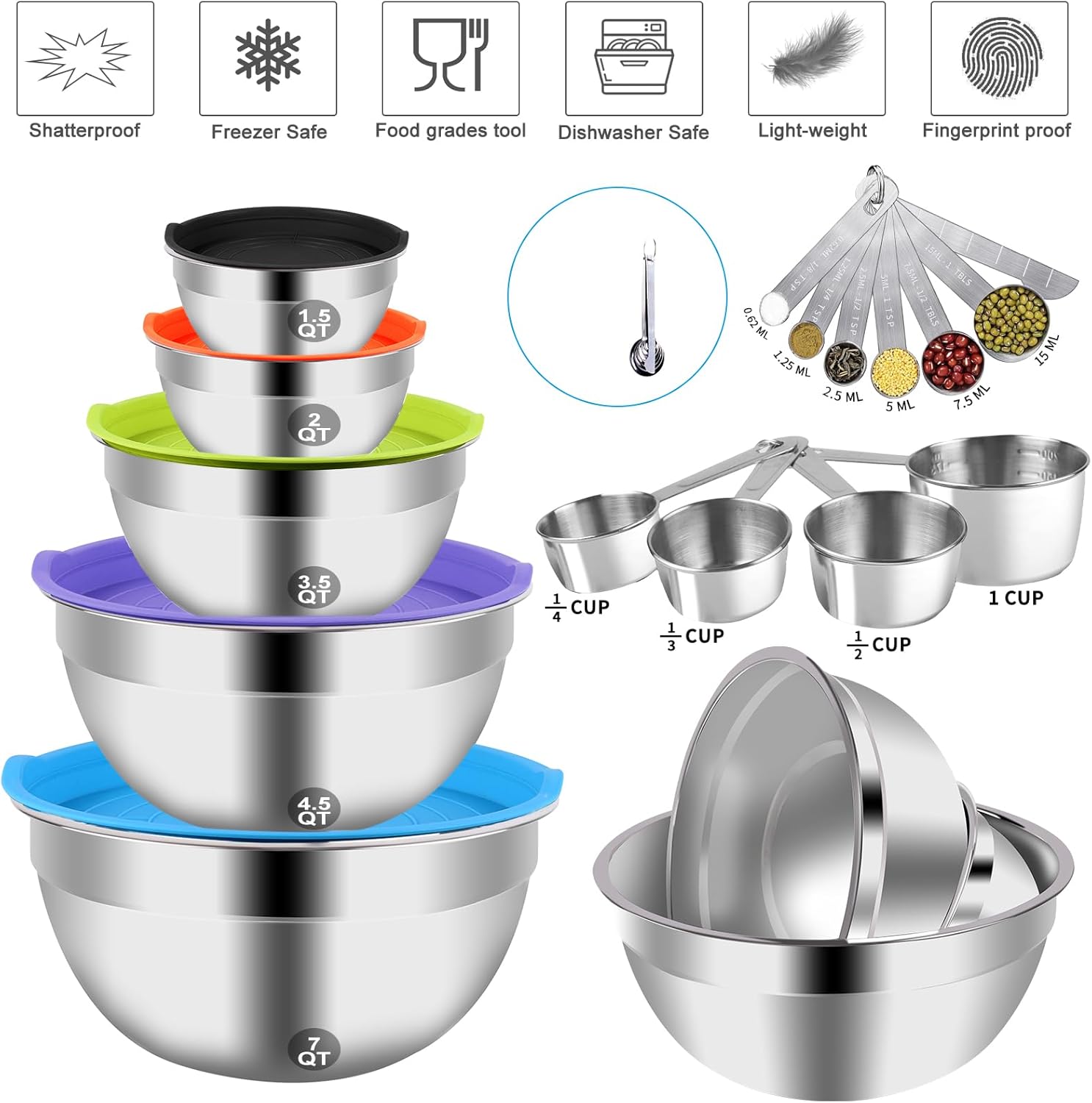 Mixing Bowls with Lid Set, 25PCS Kitchen Utensils Metal Bowl Stainless Steel Nesting Bowls, Measuring Cups and Spoons, Egg Whisk for Baking Prepping Cooking Serving Supplies - Image 6