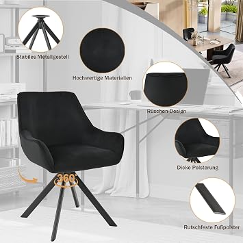 Dining Room Chairs Swivel Set of 4 with Armrests - 360° Swivel Upholstered Chair Velvet Modern Swivel Kitchen Chair with Metal Frame and Backrest for Dining Room Living Room Office Black