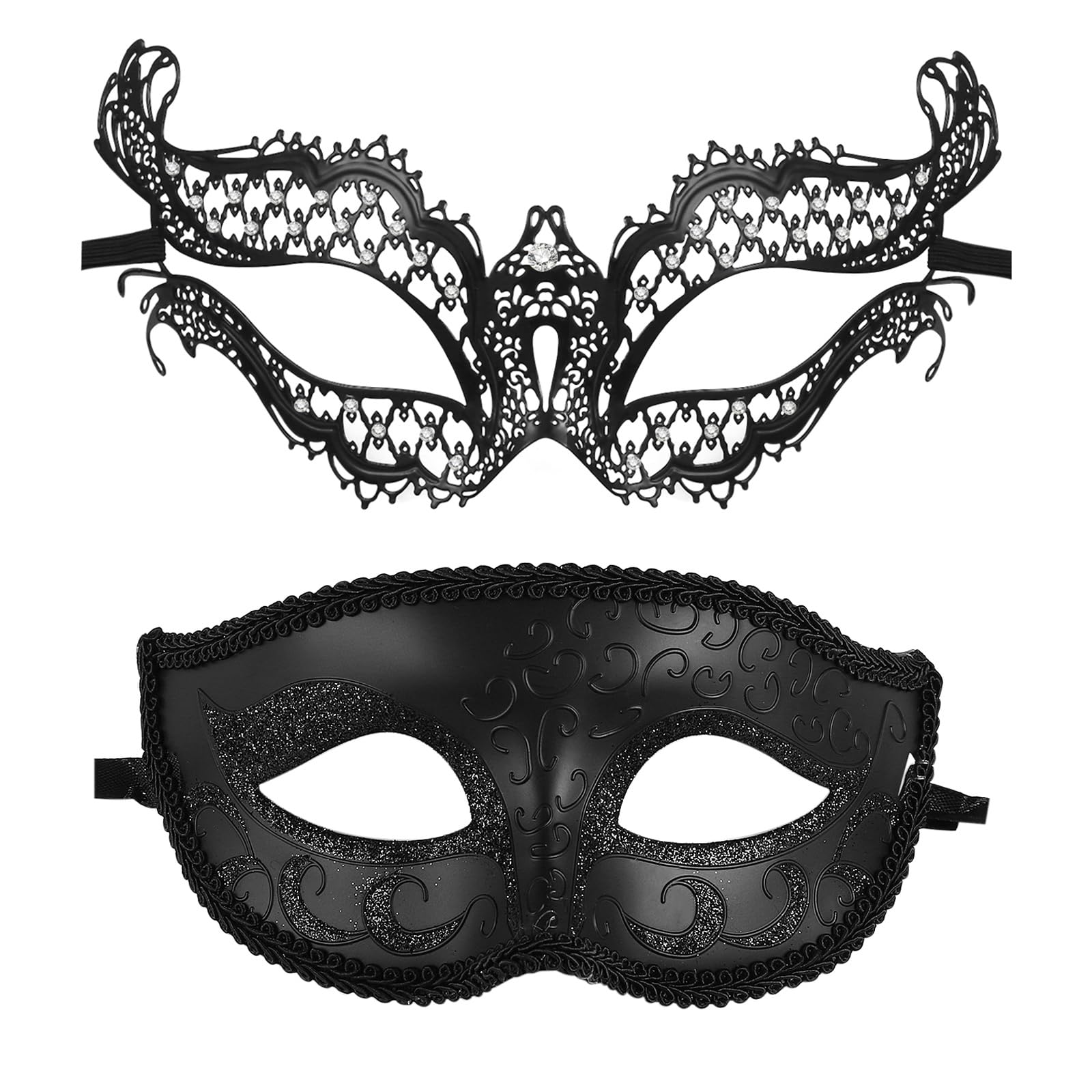 JewelryWe Couple Masquerade Mask Set: Black Venetian Carnival Pair 2 Pieces Ball Masks for Men Women Party Cosplay