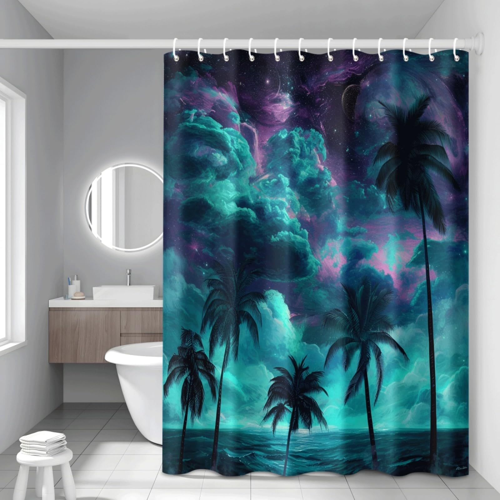 Rideau baignoire imperméable polyester lavable avec 12 crochets inclus