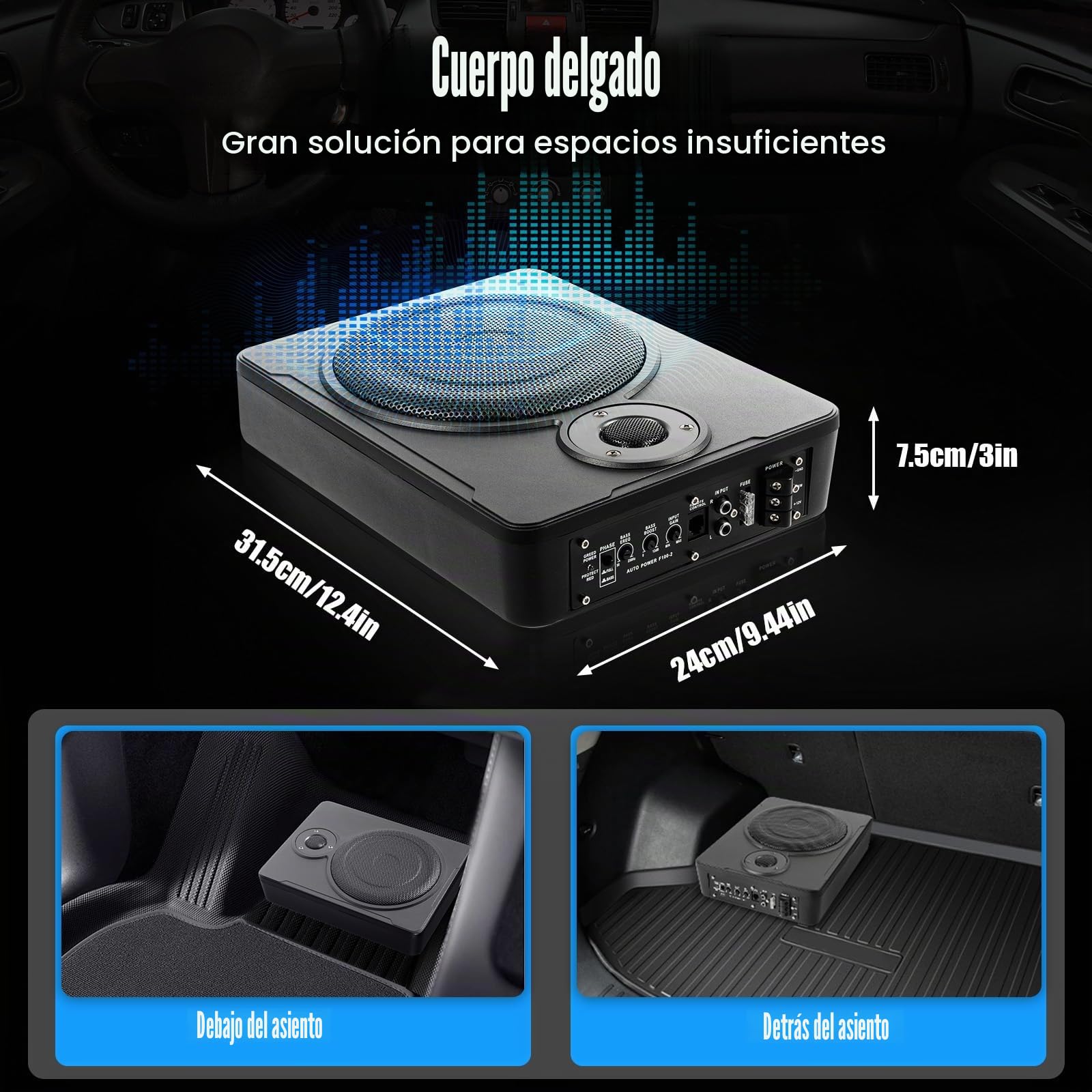 Subwoofer Activo de 8 Pulgadas 600W para Coche - Altavoz Bajo Asiento con Carcasa de Aluminio 12V - 70mm de Grosor para Camión, Caravana