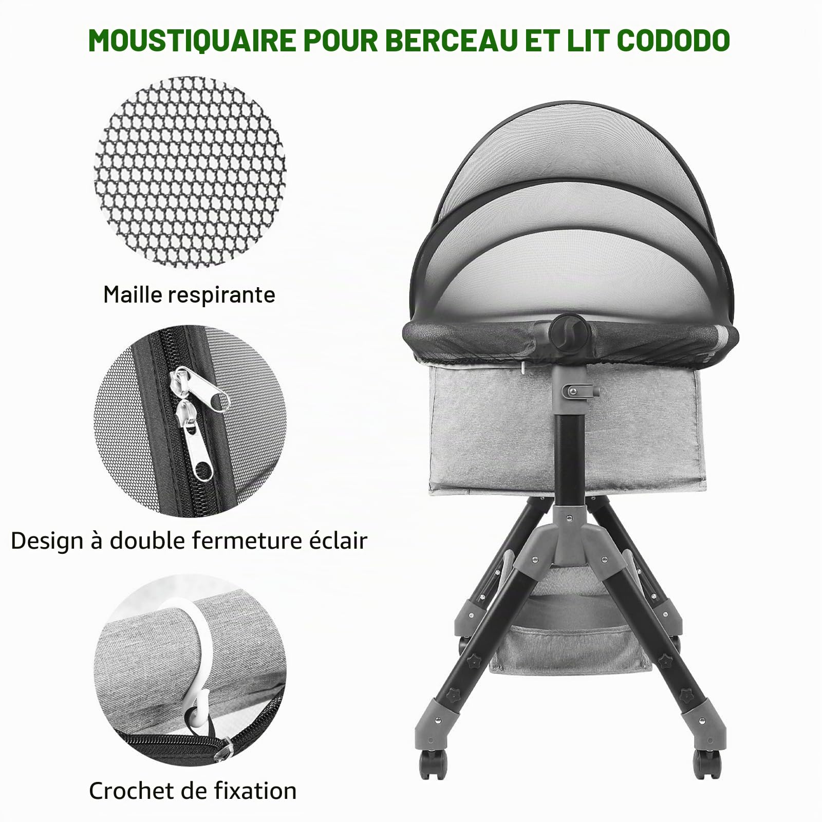 Moustiquaire universelle pour lit de voyage, pour lit d'enfant, avec fermeture éclair silencieuse pour lit, accès facile, installation rapide, filet anti-insectes à mailles fines