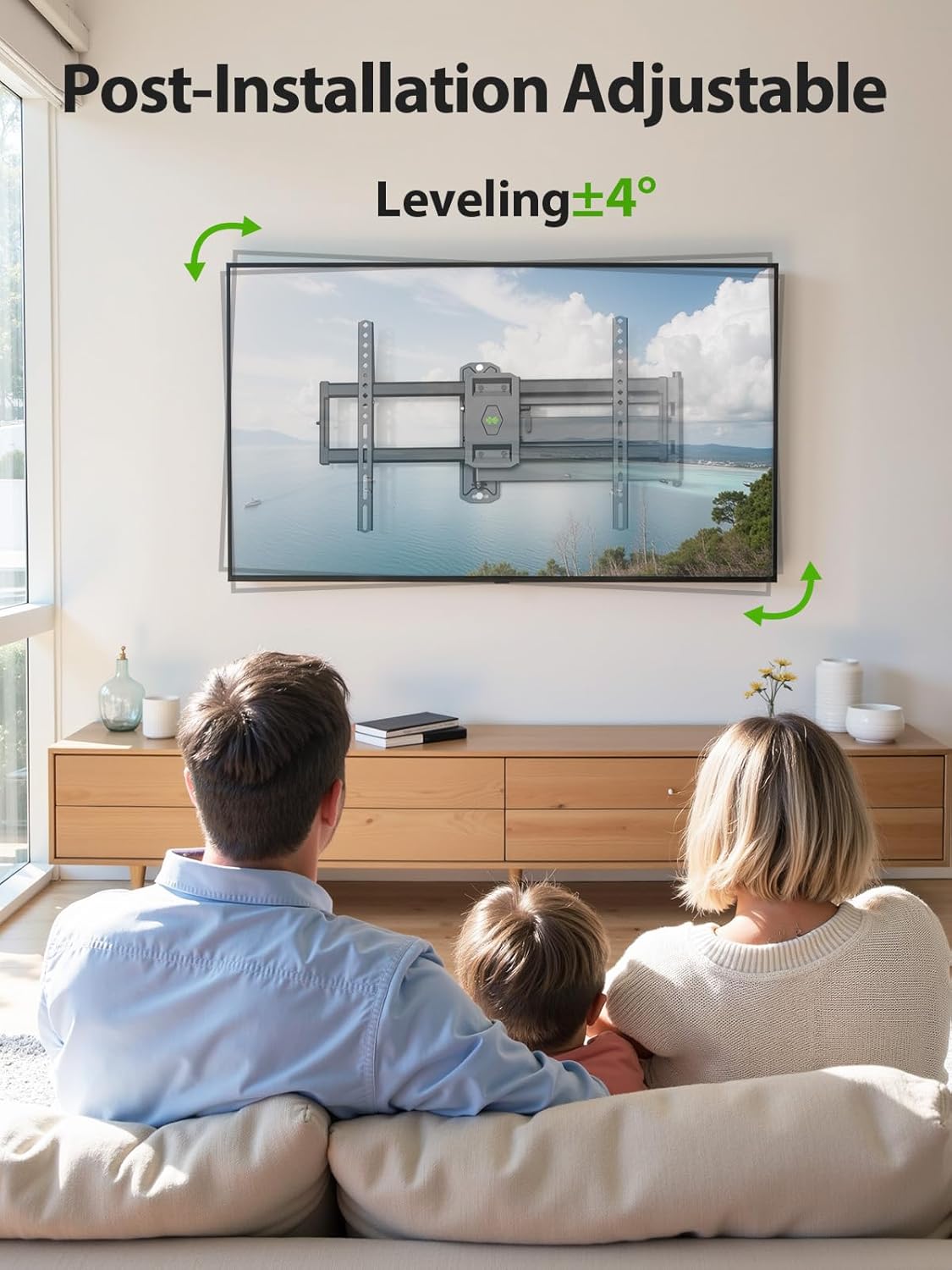 TV mount showing post-installation leveling adjustment of ±4°