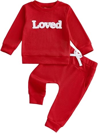 Toddler Baby Boy Girl Spring Fall Clothes Long Sleeve Loved Embroidery Sweatshirt Long Pants Set Valentines Outfit
