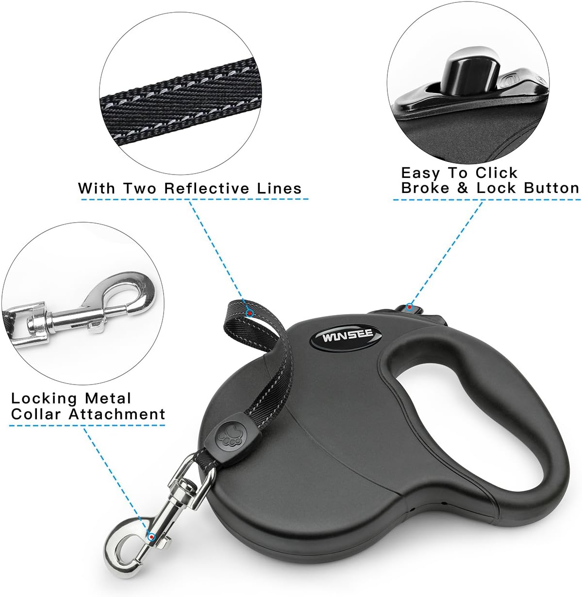 WINSEE Retractable Dog Leash 16ft Dog Walking Leash for Small Medium Large Dogs up to 110lbs, Tangle Free Leash, Reflective Leash Cord, One-Handed Brake, Pause, Lock