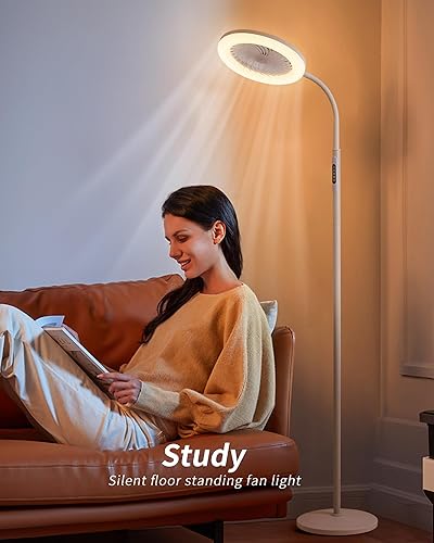 Miniatura 5 de Ventilador de suelo con luces RGB y control remoto, lámparas de pie de 3 velocidades con botón, ventilador LED vertical blanco, atenuación continua