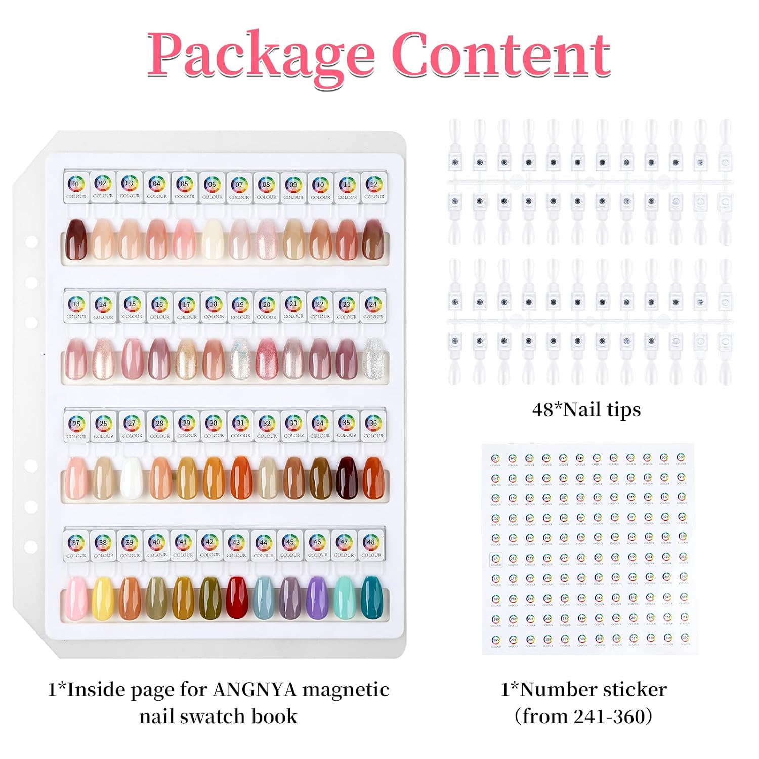 ANGNYA Magnetic Nail Color Book Inside Page with 48 Nail Tips and 241-360 Number Stickers, Perfect for Professional Salon Nail Art Color Chart & Practice Stand