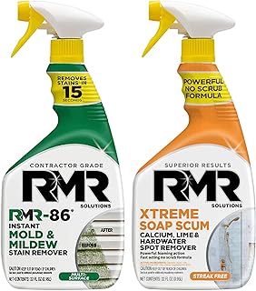 RMR Instant Mold & Mildew Stain Remover Spray + Xtreme Soap Scum Remover, No-Scrub Indoor/Outdoor Cleaning System for Bathroom, Shower, Siding, & Deck, 2–32 Oz Bottles
