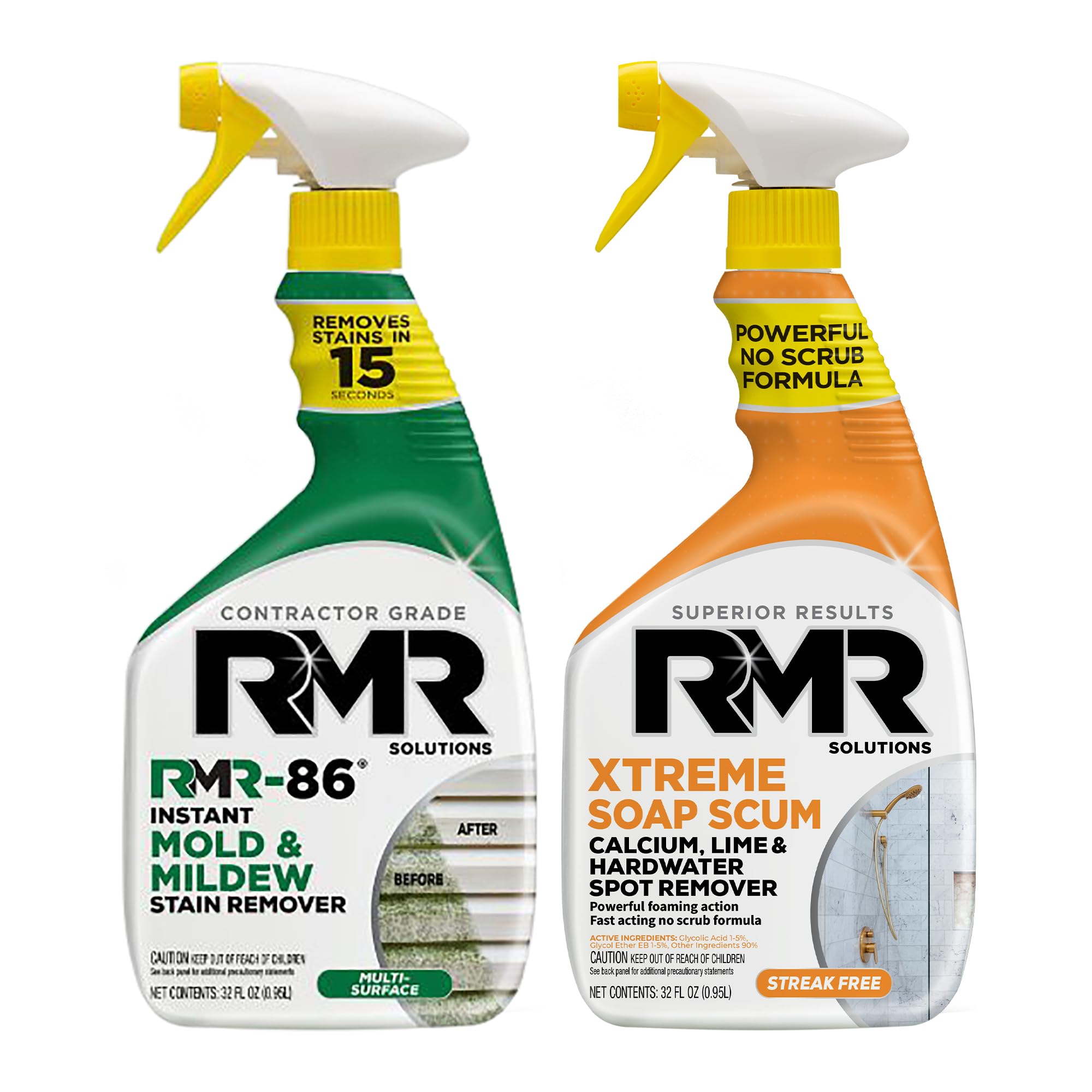 RMR Instant Mold & Mildew Stain Remover Spray + Xtreme Soap Scum Remover, No-Scrub Indoor/Outdoor Cleaning System for Bathroom, Shower, Siding, & Deck, 2–32 Oz Bottles