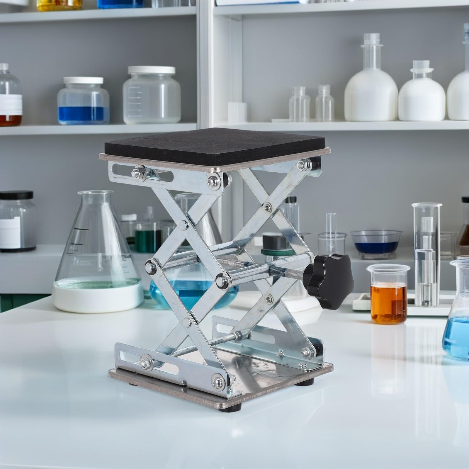 Plataforma Elevadora para Laboratorio de Acero Inoxidable Mecanismo de Tijera y Superficie Acolchada Ajustable de 70 a 260mm para Experimentos Científicos