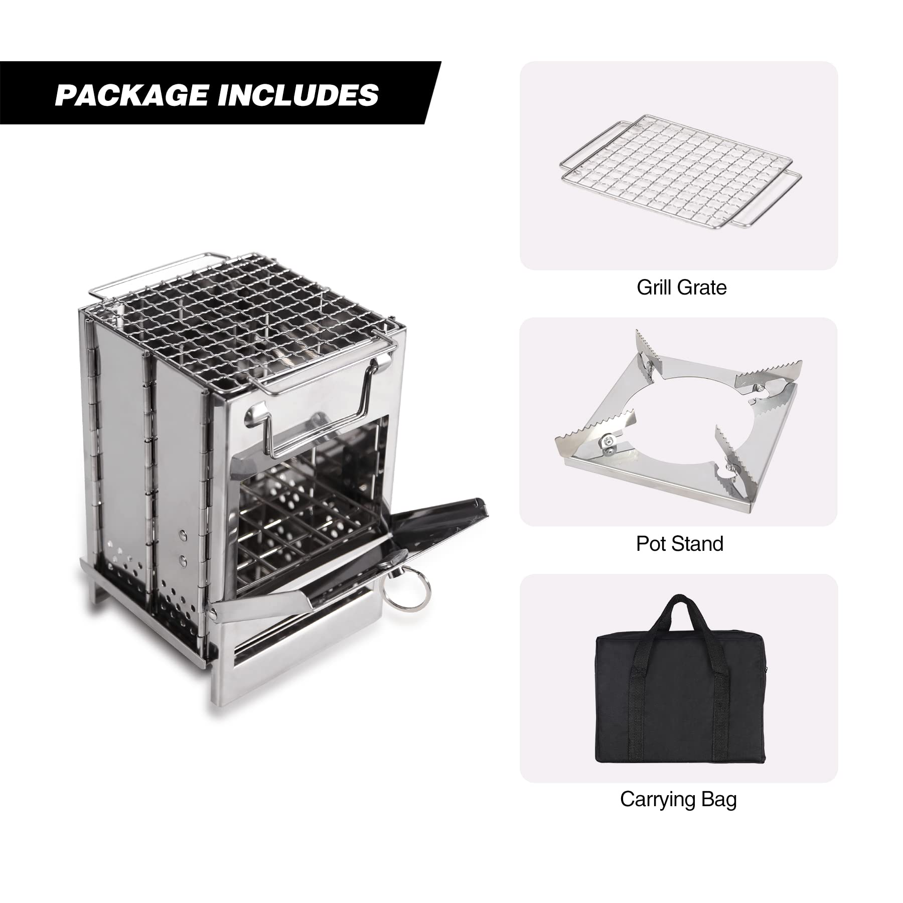 REDCAMP Réchaud de camping à bois avec support de casserole, réchaud pliable en acier inoxydable pour randonnée, pique-nique, barbecue, cuisine en plein air