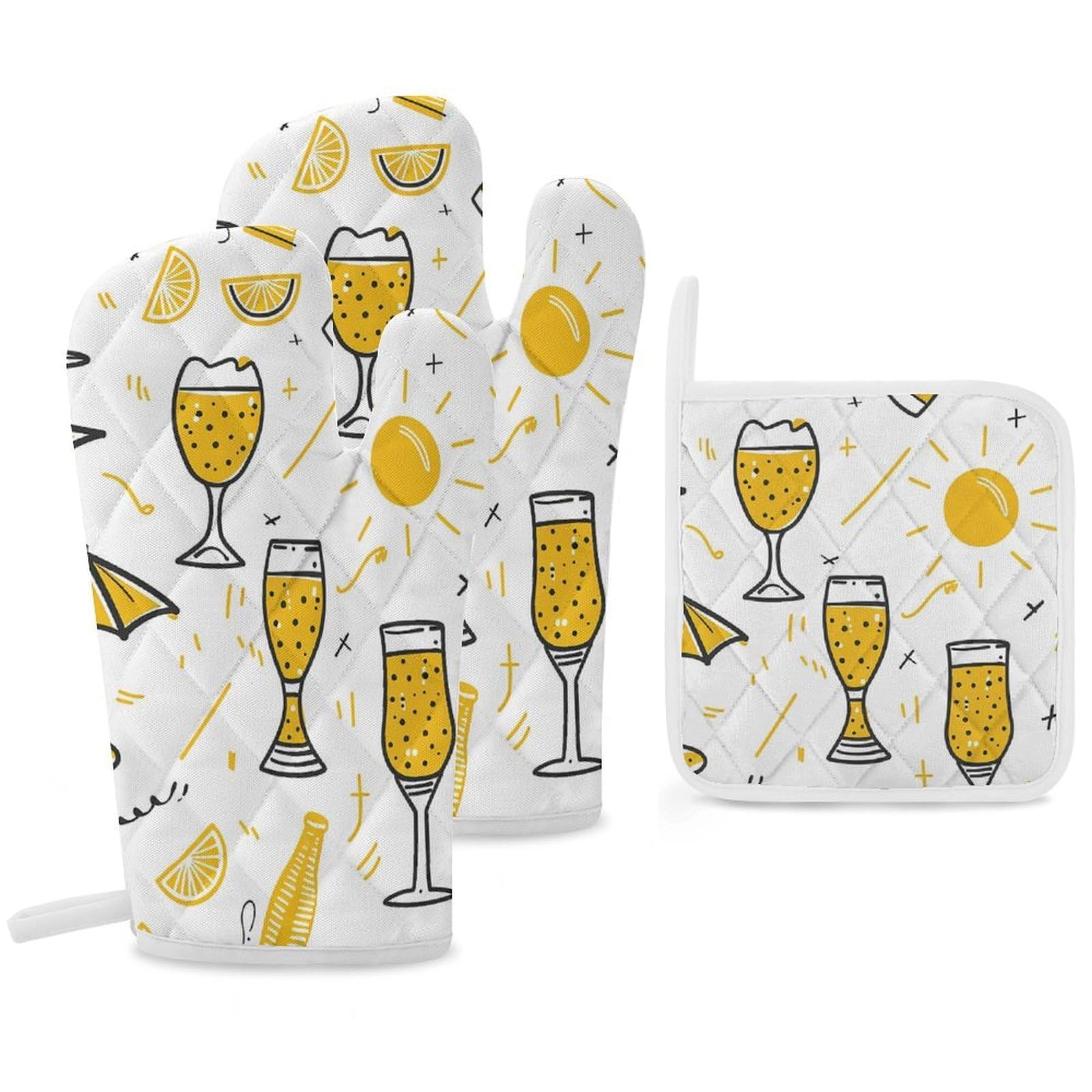 Oven Mitts And Pot Holders Sets of 3 Heat Resistant BBQ Gloves Graffiti Style Beach Oven Mitts Gloves Non-Slip Kitchen Mittens Potholders for Cooking Baking Grilling BBQ Microwave