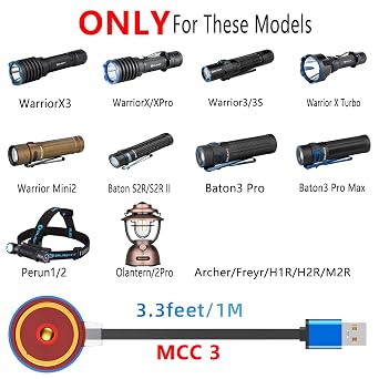 Clolasa MCC 3 Magnetic Charger - Compatible with Olighit Odin & Olantern Series, Perun, Perun 2, Javelot, Marauder Mini, Seeker 3 Pro, Warrior, Baton S2R, Baton 3 Pro/Max - 3.3 FT/1M