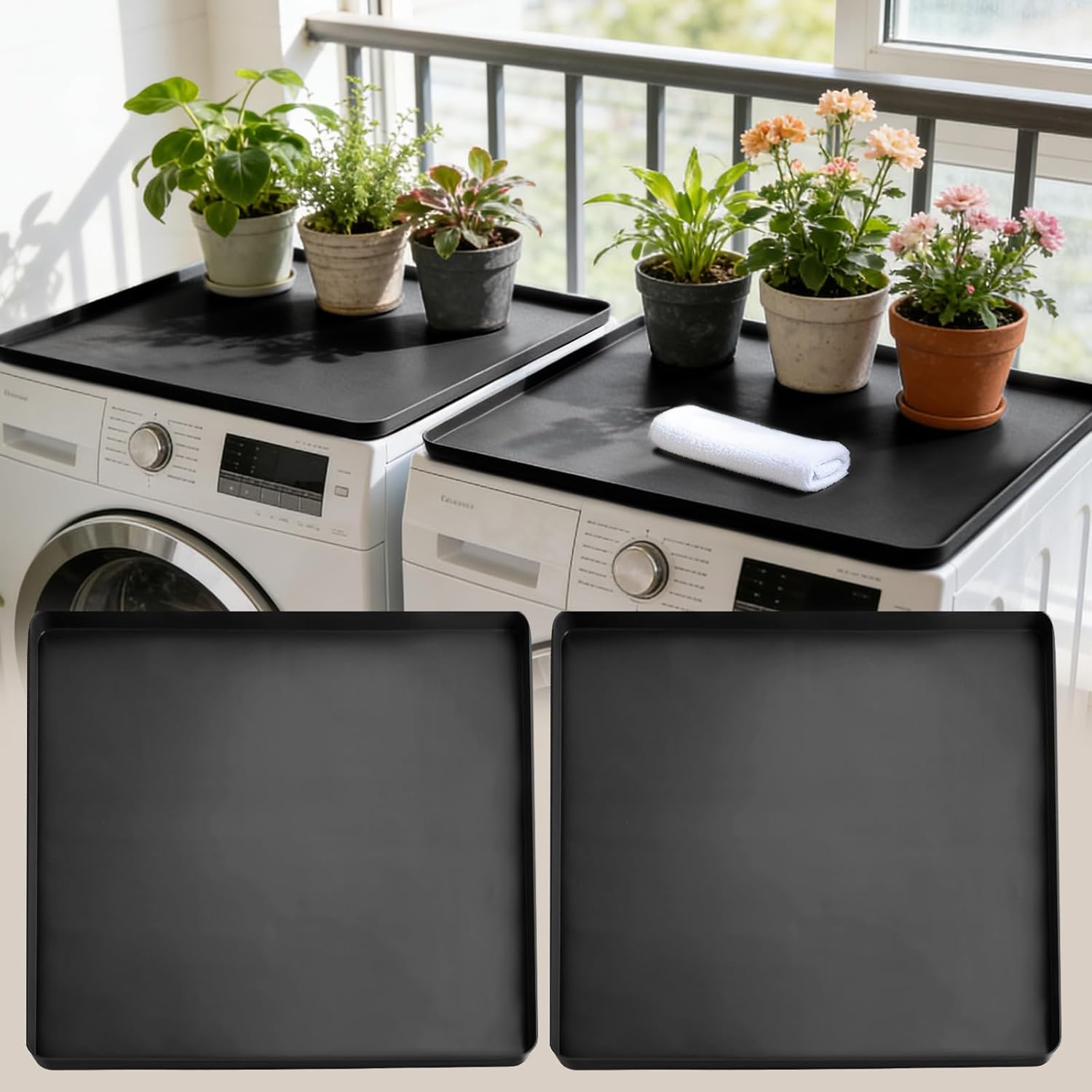 2 Pcs Washer And Dryer Topper Protector Silicone Mat 24"X24" Waterproof Washing Machine Top Cover with Raised Edges Non-Slip Laundry Countertop for Washer Dryer, Black