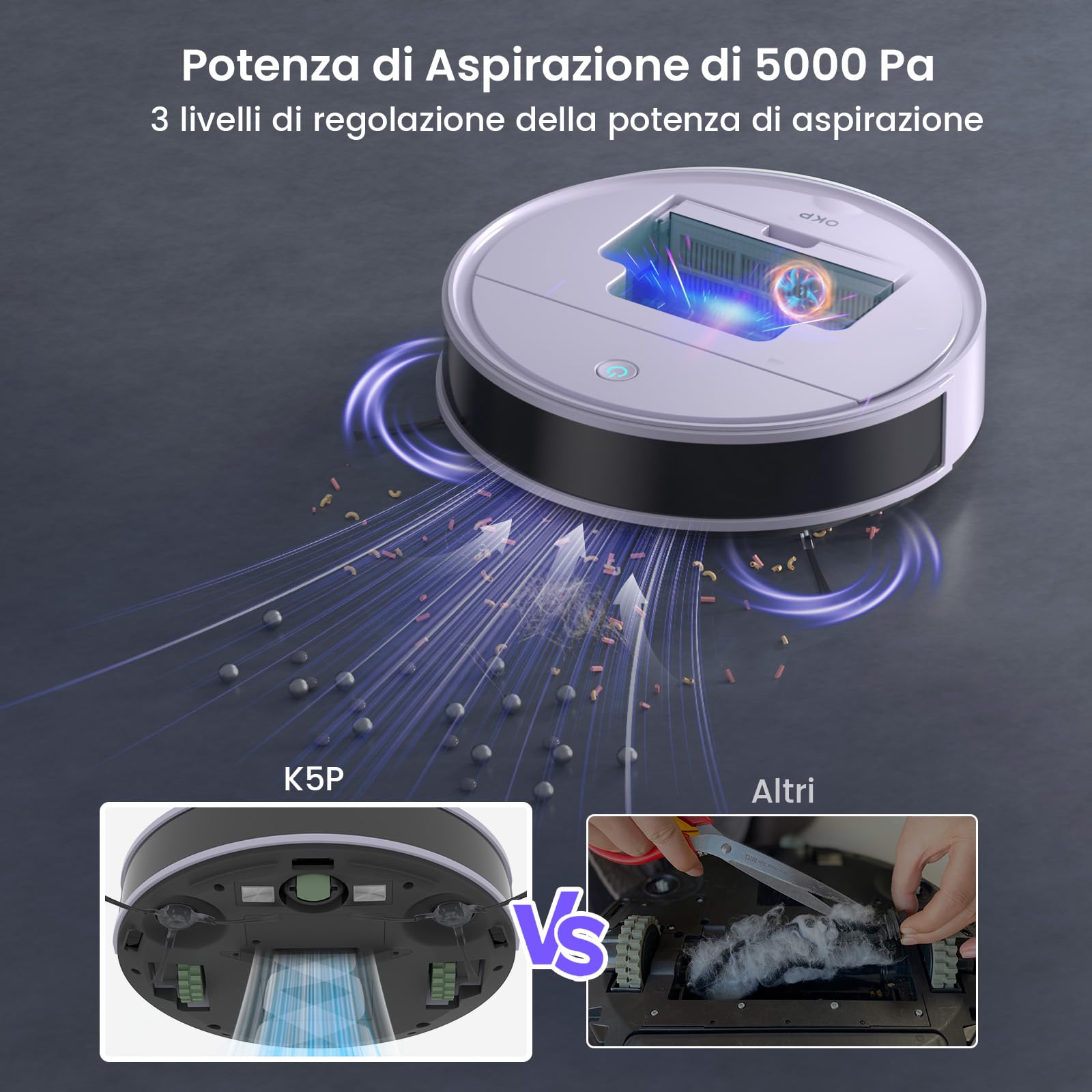 OKP K5 Pro Viola dell'Alba Robot Aspirapolvere, Potenza 5000Pa, Ideale per Peli di Animali, 180 Minuti di Autonomia, Precisione nell'Evita Ostacoli, App/Alexa/Telecomandi, Adatto per Pavimenti Duri