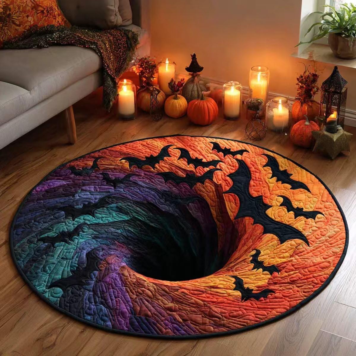 Halloween 3D Rug, Optical Illusion Skeleton Abyss Round Area Rug, Spooky Indoor Floor Mat for Living Room Bedroom Entryway and Halloween Party Decor (Halloween I,60cm)