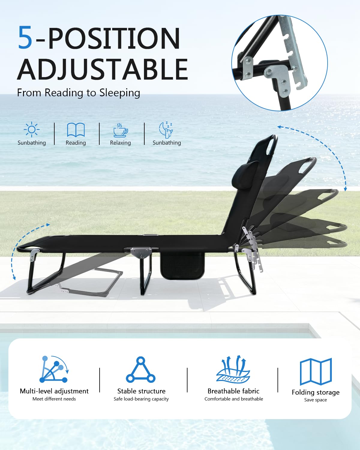Tumbona plegable ligera, resistente a la intemperie, 150 kg, con respaldo ajustable de 5 posiciones, tumbona de playa plegable, para balcón, jardín, piscina, playa (negro)