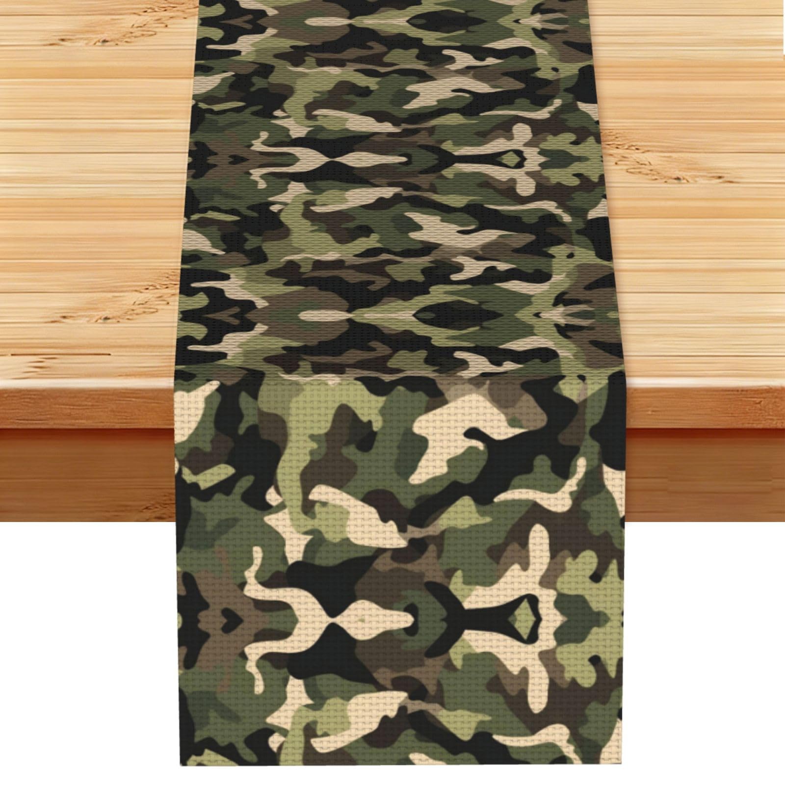 Mottled Green Beige Camo Printed Table Runner 13 x 72, Wrinkle Resistant Decor for Dining Table Coffee Table Fireplace