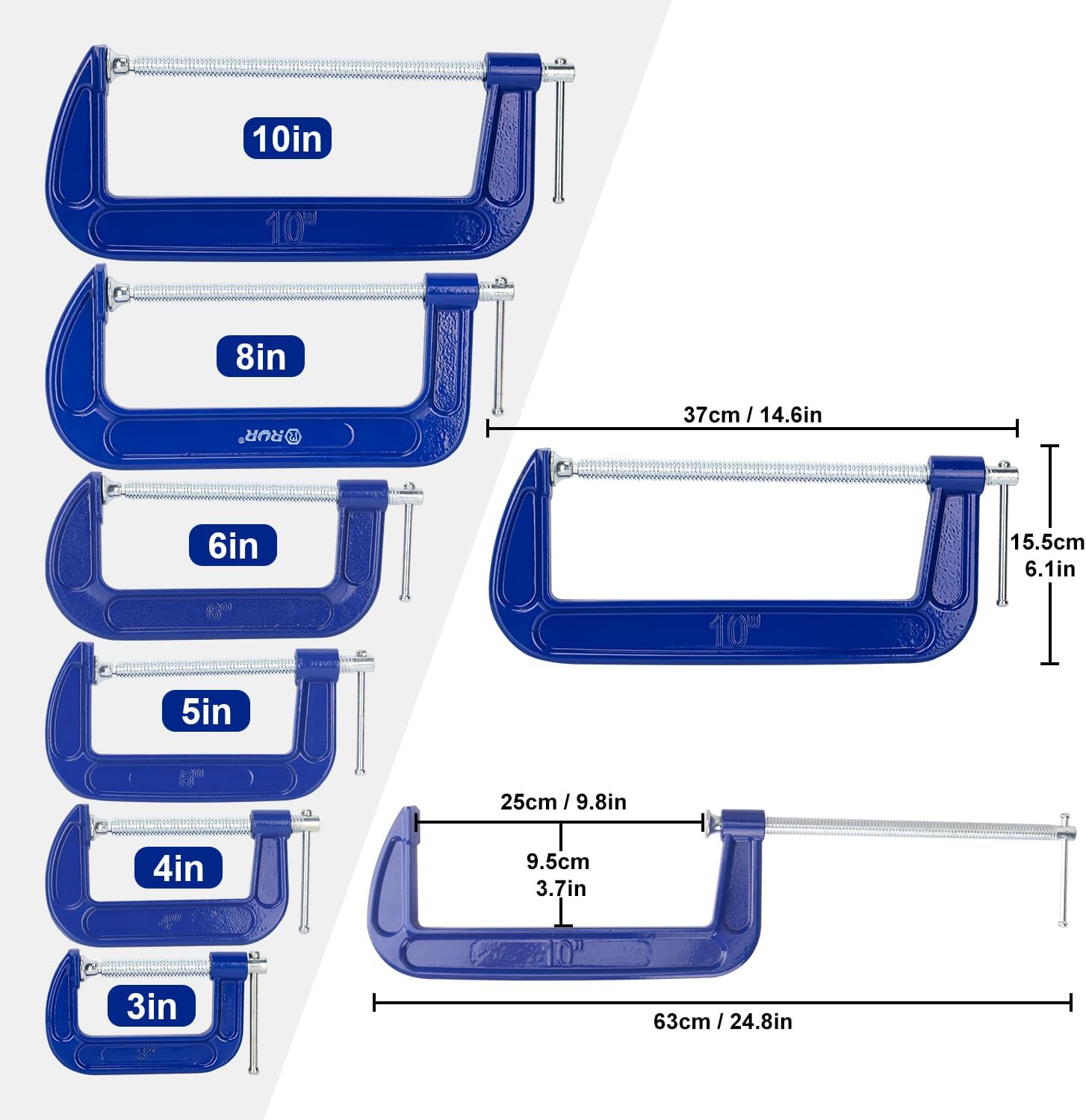 2 Pack 10 Inch Blue C-Clamp - Heavy Duty Iron C Clamps, C-Clamp for Woodworking, Brake Calipers, Maintain, Building, DIY Project