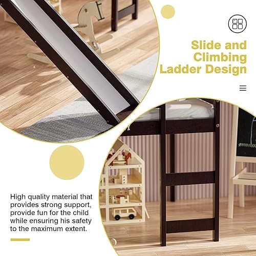 Miniatura 4 de NAFORT Cama tipo loft individual con tobogán, cama baja con escaleras, marco de cama individual de madera maciza para niñas y niños con escaleras de