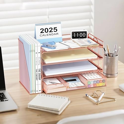 Miniatura 3 de OPNICE Organizadores y accesorios de escritorio, bandeja de papel de 4 niveles con soporte extraíble + cajón, organizador de archivos de escritorio