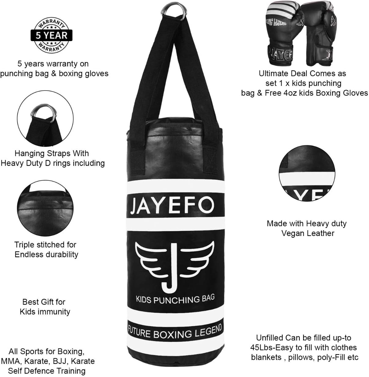 JAYEFO Kids Punching Bag Boxing Gloves Set for Children Boxing MMA Kickboxing Muay Thai Karate Punching Kick Ages 3-9 (Black/Blue) : Sports & Outdoors