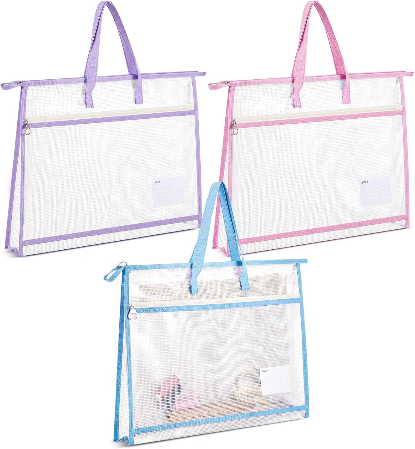 3 Pcs 17.7×13 Inch Project Bag for Quilting Sewing Craft Storage for Quilter A3 Clear Mesh Art Bag Artwork Storage Organize for Artwork Charts Teaching Material Multipurpose(Classic Colors)