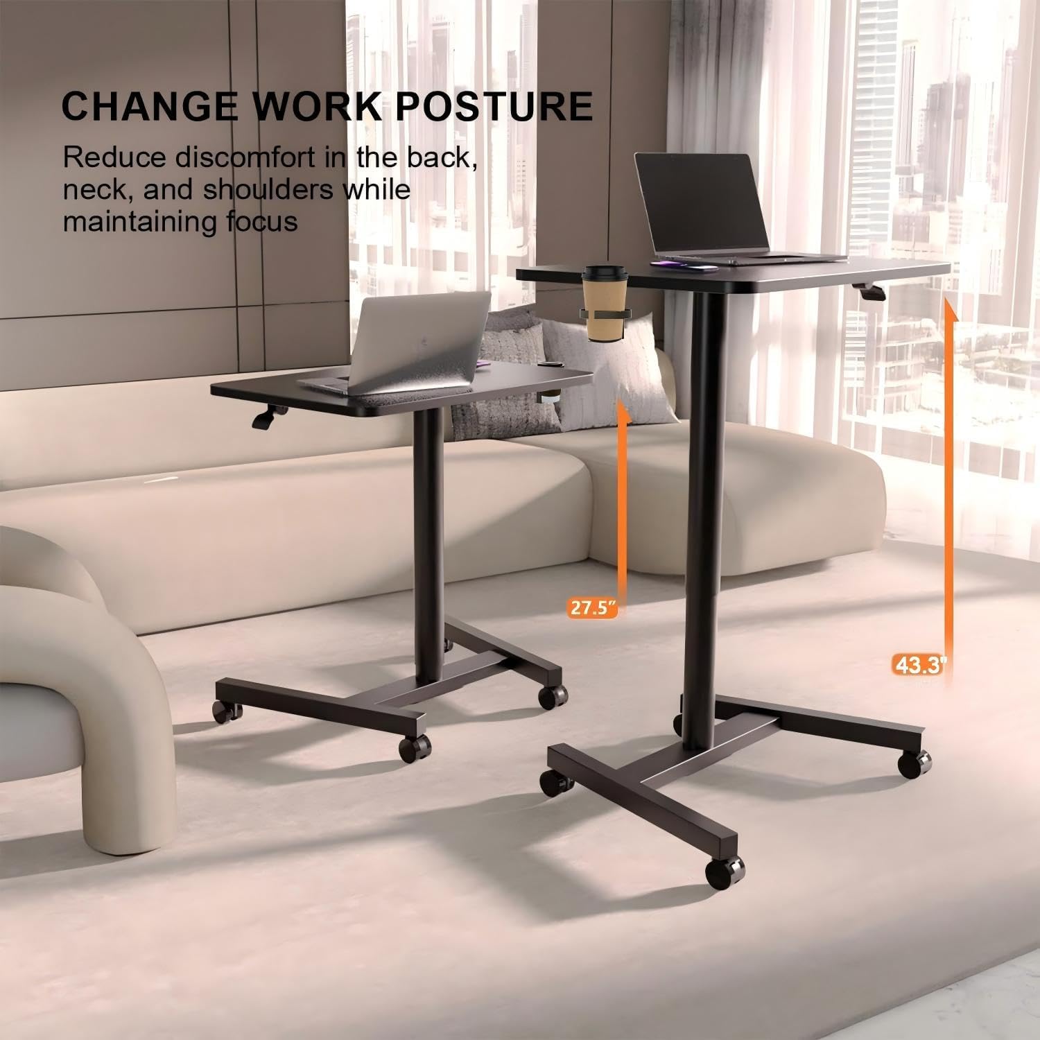 28-Inch Mobile Standing Desk, Computer Workstations with Cup Holder, Portable Standing Desk with Lockable Wheels, Rolling Table for Home Office Classroom Hospital (Jet - Black)