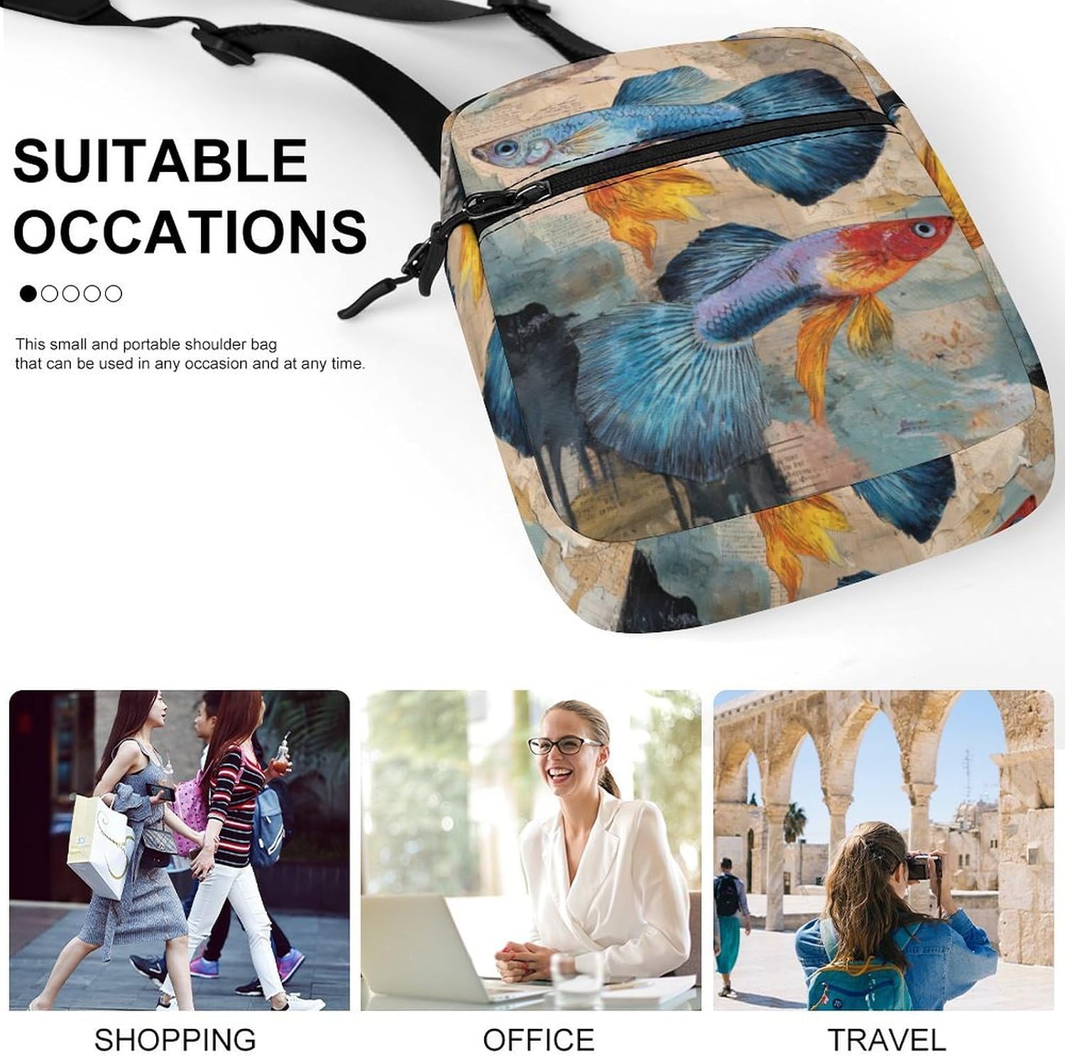 Guppy Fish Ocean Vintage Newspaper Small Crossbody Bag Sling Shoulder Satchel
