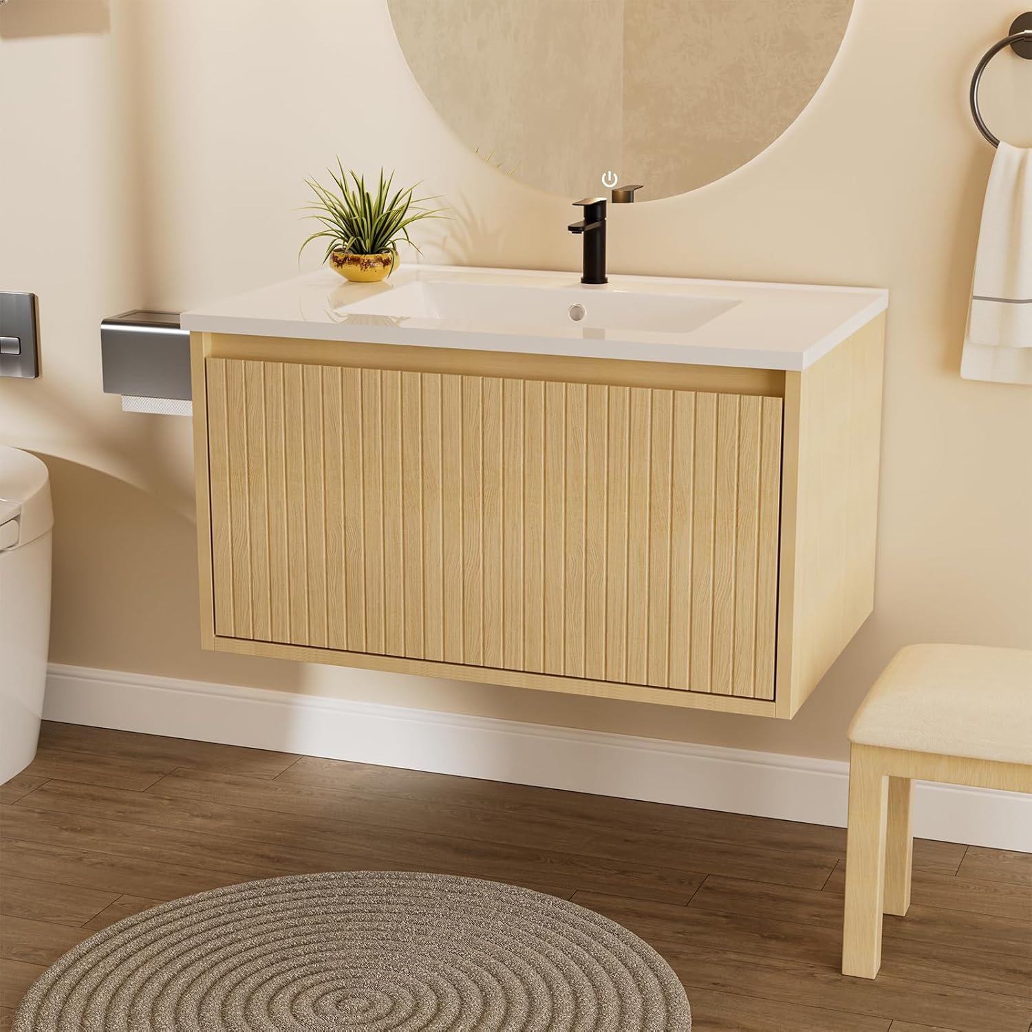 30 Inch Bathroom Vanity Cabinet with Sink - Floating Cabinet Single Drawer & Hidden Soft-Close Slide Rails, Ceramic Basin, Mid Century Modern Style, Wood Grain Finish (Oak)