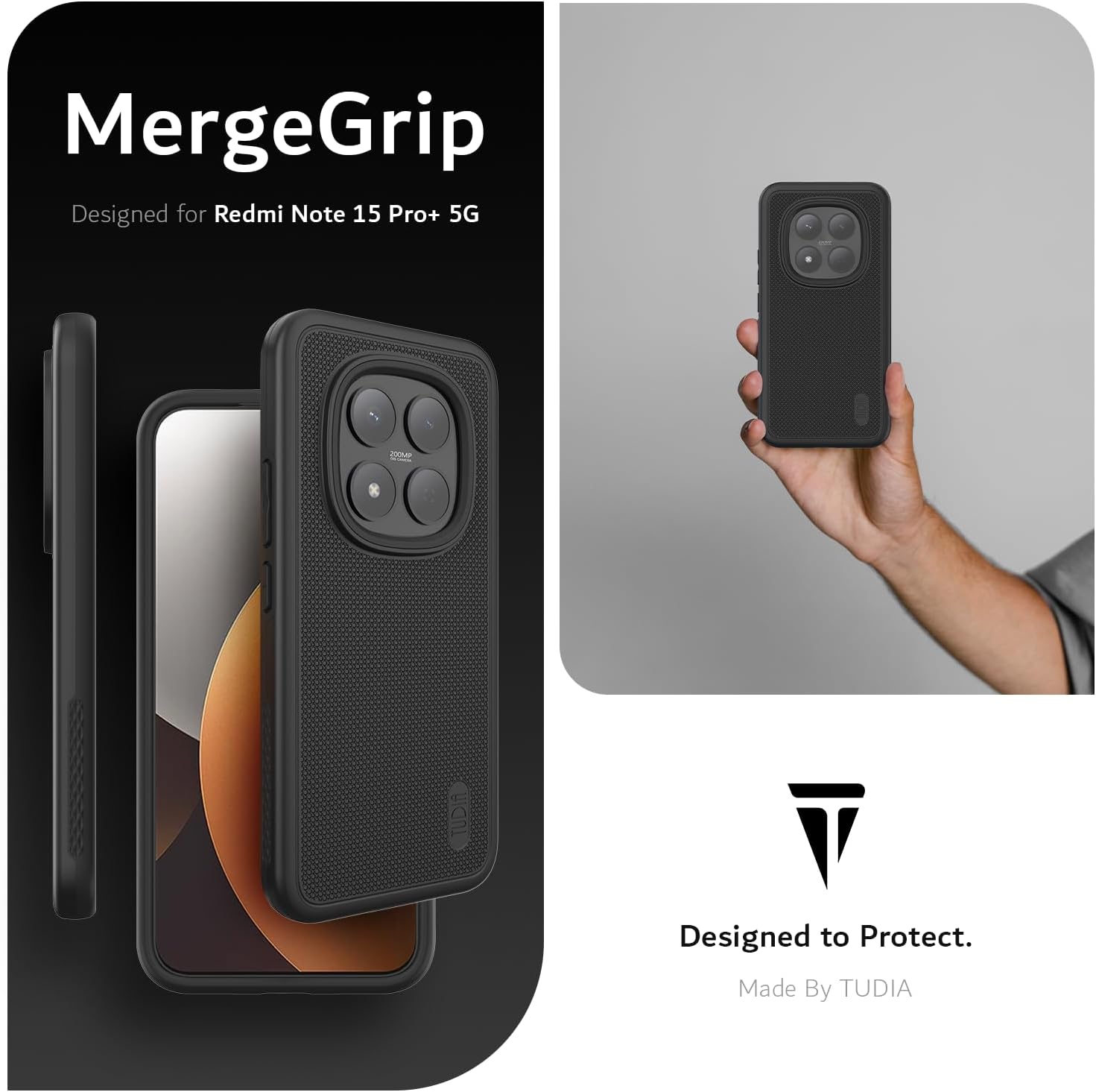 TUDIA MergeGrip Designed for Xiaomi Redmi Note 15 Pro Plus Case 5G, [Military Grade] Dual Layer Shockproof Slim Heavy Duty Protective Phone Cases Cover (Black)