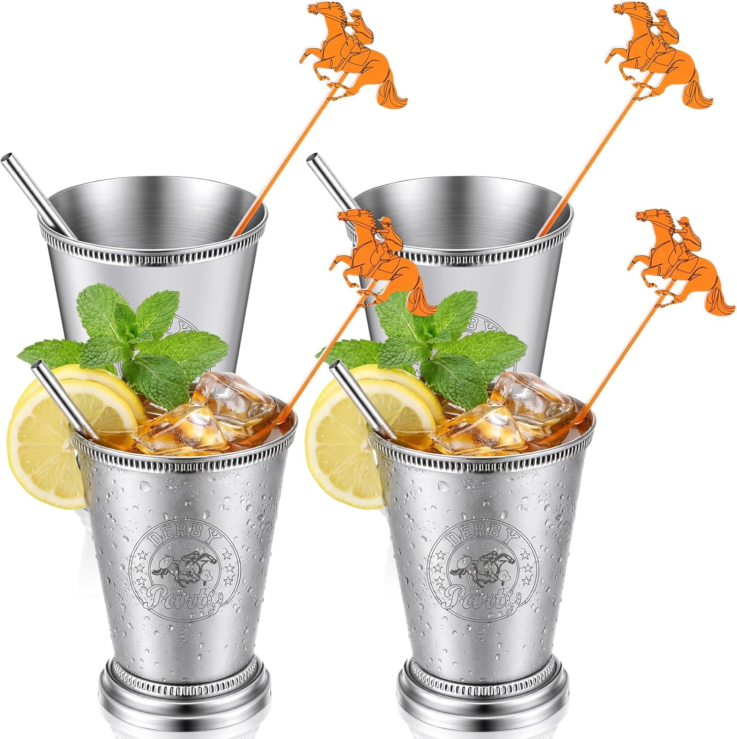 8 Pack 12 oz Derby Mint Julep Cups with Straws and Stirring Stick Stainless Steel Mint Julep Tumbler Silver Cocktail Glasses for Derby Horse Racing Party Supplies