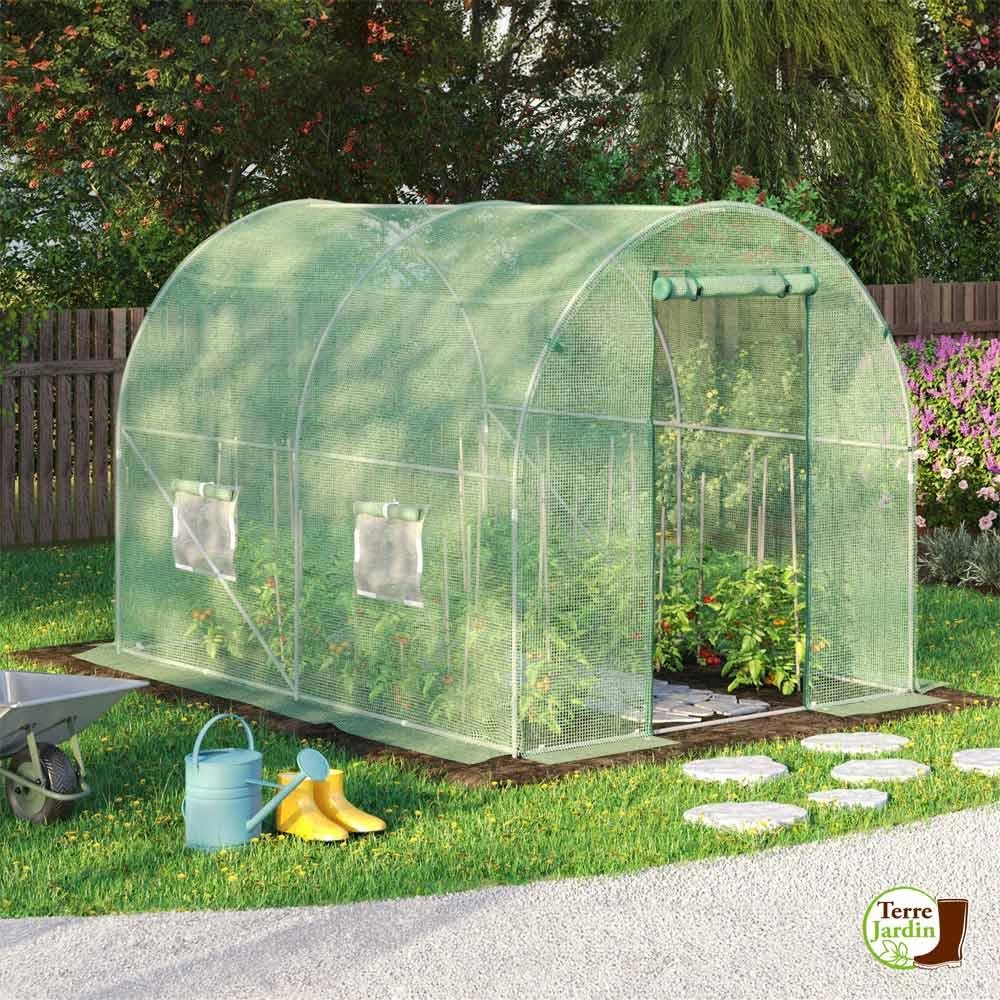 TERRE JARDIN - Bache pour Serre de Jardin, 3 x 2 x 2 m - Bache Serre Tunnel, Polyéthylène Renforcé 140 g/m², Blanche- Bâche Serre, Fenêtres Filet Moustiquaire - 6 m² - Vert