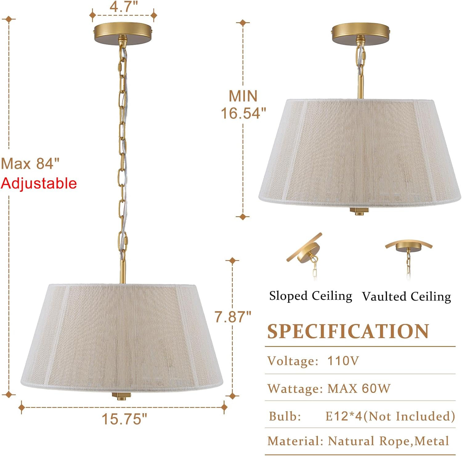 15.75" Gold Drum Pendant Light, 4-Light Rattan Chandelier Large Pendant Light Fixtures for Dining Room Kitchen Island Living Room Foyer Entryway Bedroom, Adjustable Chain