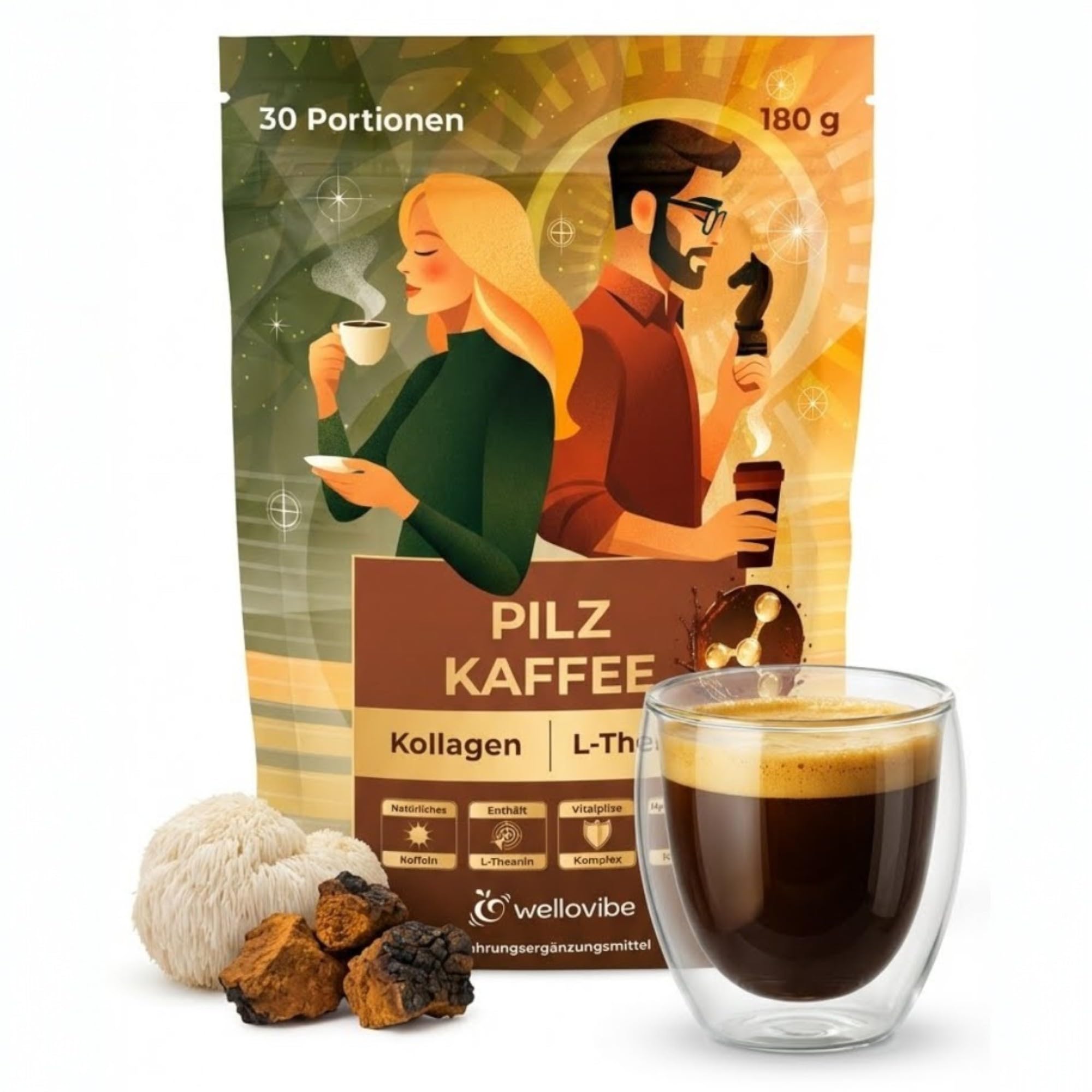 Mushroom Coffee mit Kollagen & L-Theanin - Adaptogener Pilzkaffee mit Löwenmähne, Cordyceps, Chaga & Reishi Pilzpulver für Fokus, Energie & Konzentration, 180 g