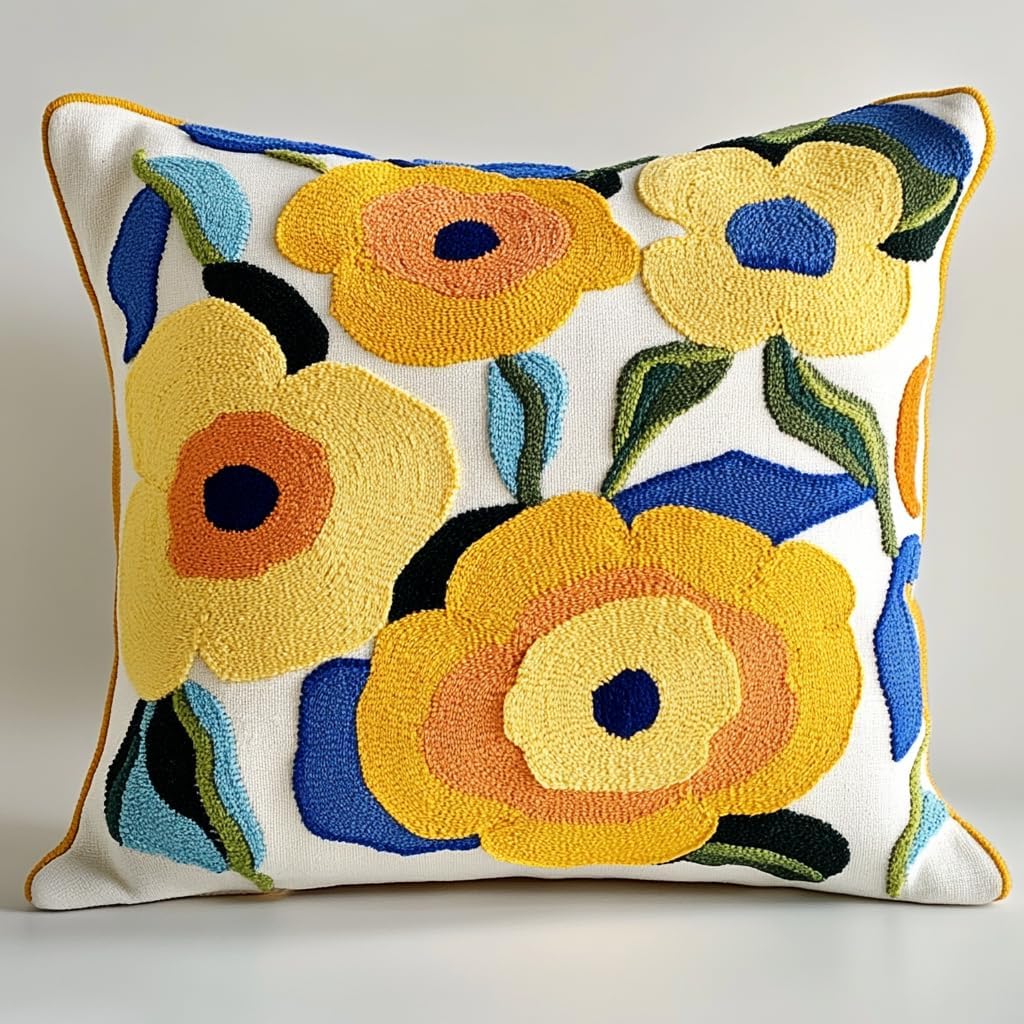 DIY Punch Needle Pillow Kit Yellow Rose Flowers with Pattern and Hoop Handmade Embroidery Punch Needle Starter Pillowcase Set for Home Sofa Decor 43x43cm-1-8
