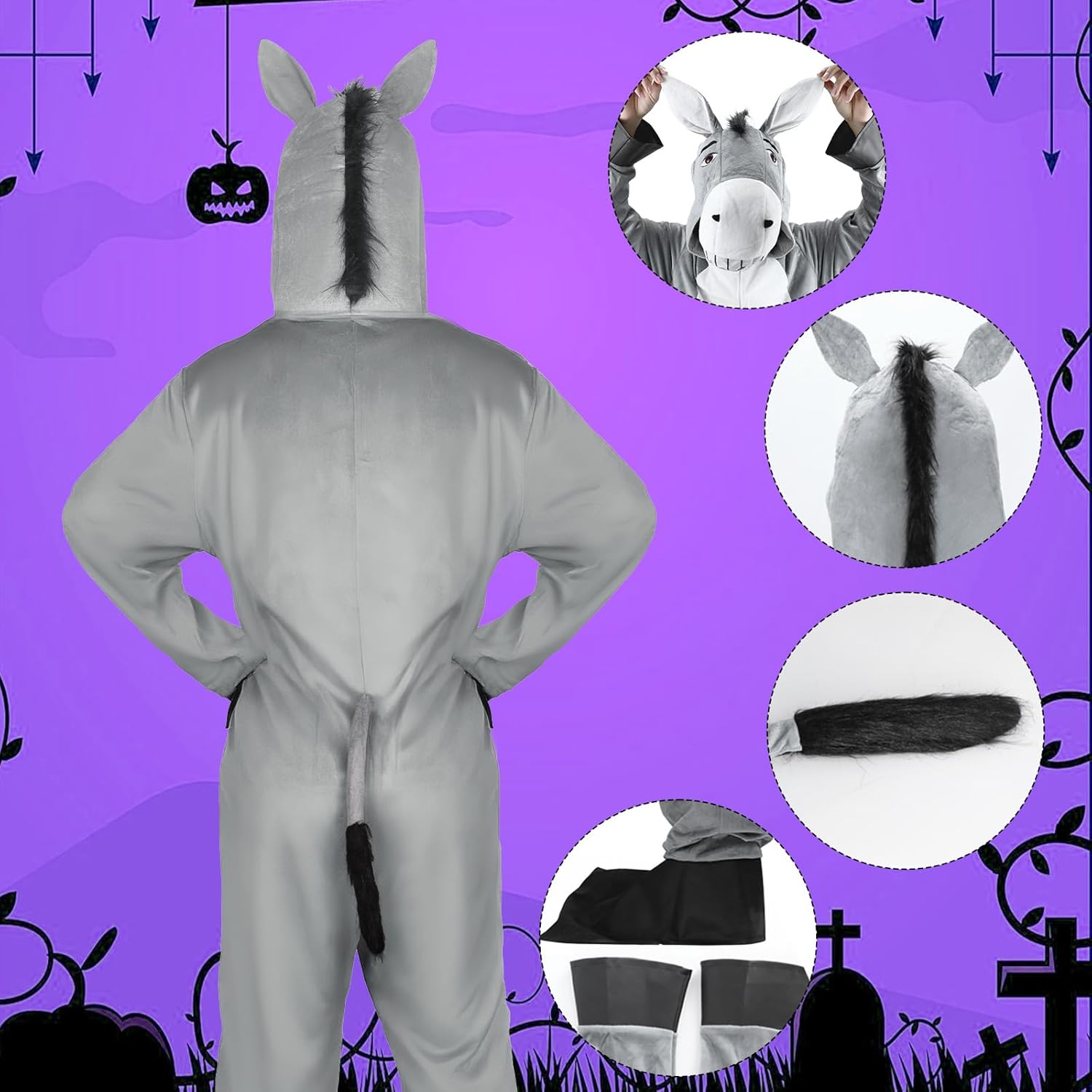 Donkey Costume Adult Hooded Gray Animal Jumpsuit - Onesie Pajamas for Halloween Party
