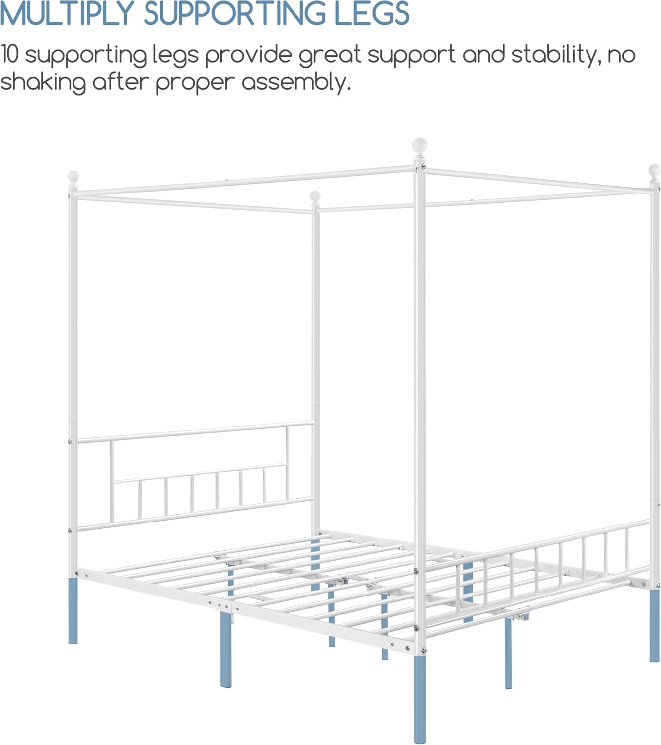Diagram, der viser målene på Yaheetech fuld størrelse metalhimmelsengramme, inklusive længde, bredde, højde og frihøjde under sengen.