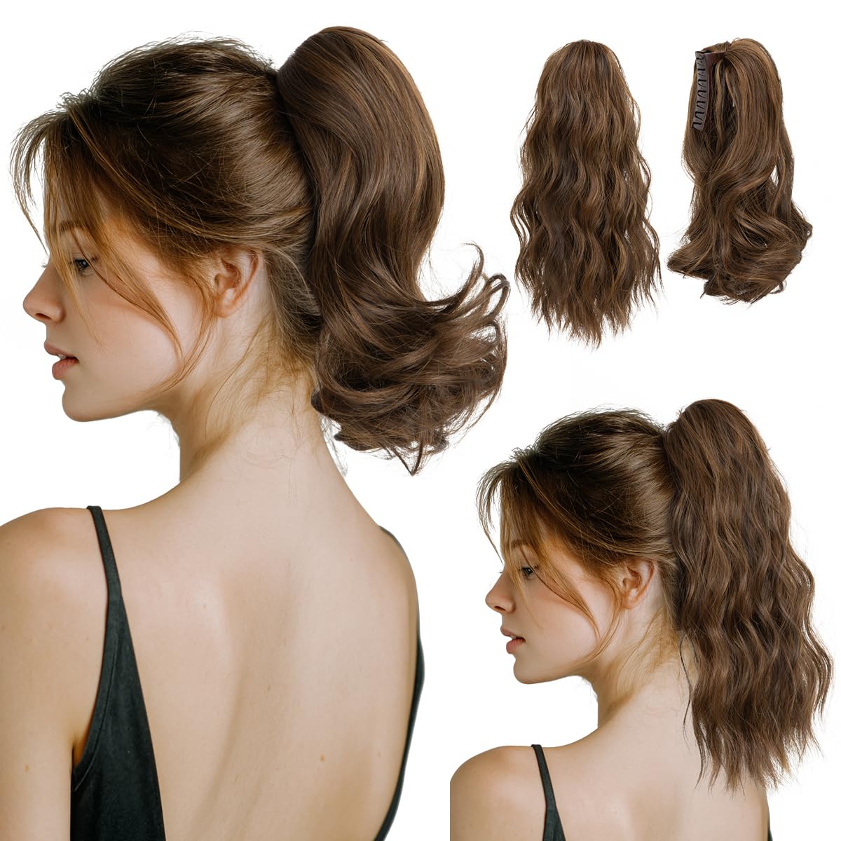 2 PCS Ponytail Extensions Claw Clip Short Pony Tails Wavy Curly Synthetic Hairpieces for Women 12 Inch + 14Inch Set Sunny Blonde