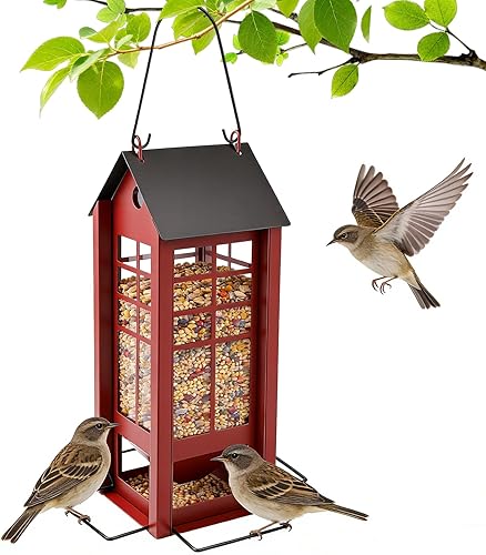 Hanging Bird Feeder for Outdoors, Metal Bird Seed Feeder with Roof, Large Capacity Wild Bird Feeder for Garden Yard Patio, Squirrel Resistant Easy Refill Bird Feeder