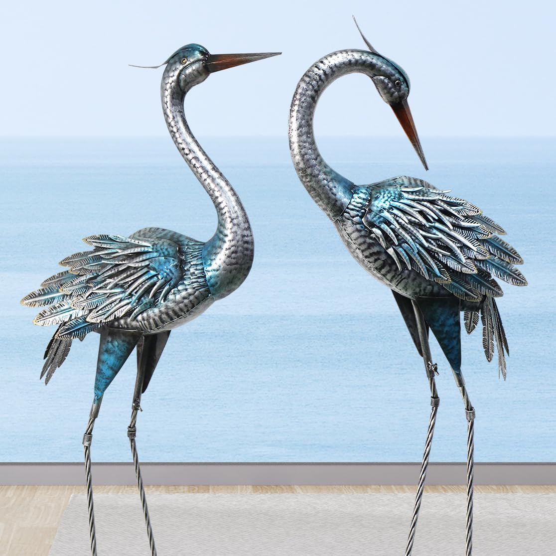 37-40Inch Outdoor Crane Garden Statues, Blue Heron Garden Statues, Large Metal Cranes for Yard, Lawn, Patio, Pond, Set of 2