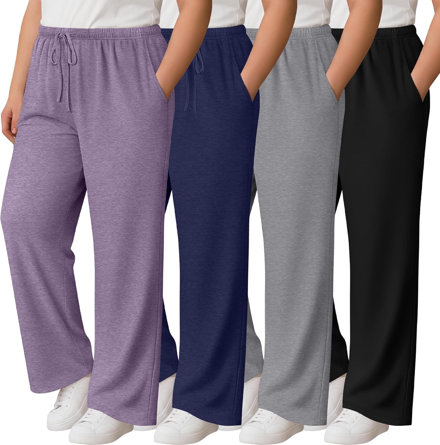 Oakgarden 4 Pack Women's Plus Size Lounge Pants with Pockets, Wide Leg Yoga Loose Drawstring Pants Casual Sweatpants Jogger