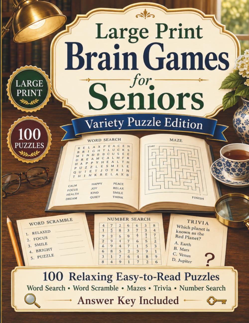 Large Print Brain Games for Seniors: Variety Puzzle Edition: 100 Relaxing Easy-to-Read Puzzles with Word Search, Word Scramble, Mazes, Trivia, Number ... Key (Large Print Word Search for Seniors)