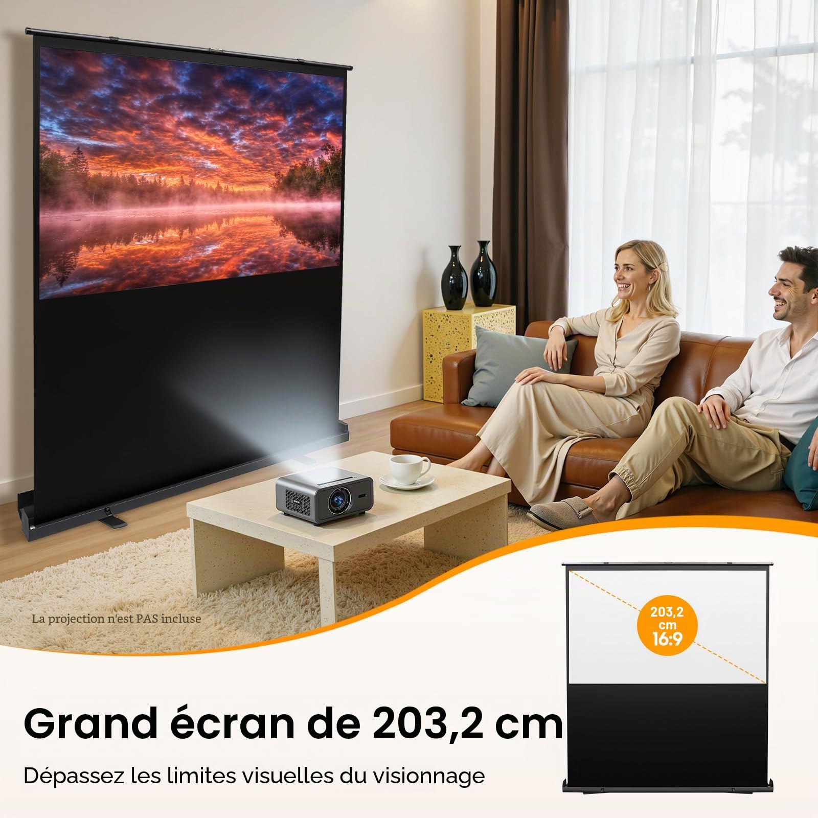 Écran de Projection Portable de 80" 16:9- avec Support - Projecteur de Sol Rapide - pour Home cinéma, Camping et événements de Loisirs - 4K et 8K