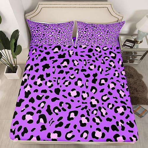 Miniatura 3 de Erosebridal Sábanas con estampado de guepardo, estampado de leopardo morado, juego de sábanas tamaño Queen de piel de vida silvestre rosa, sábana