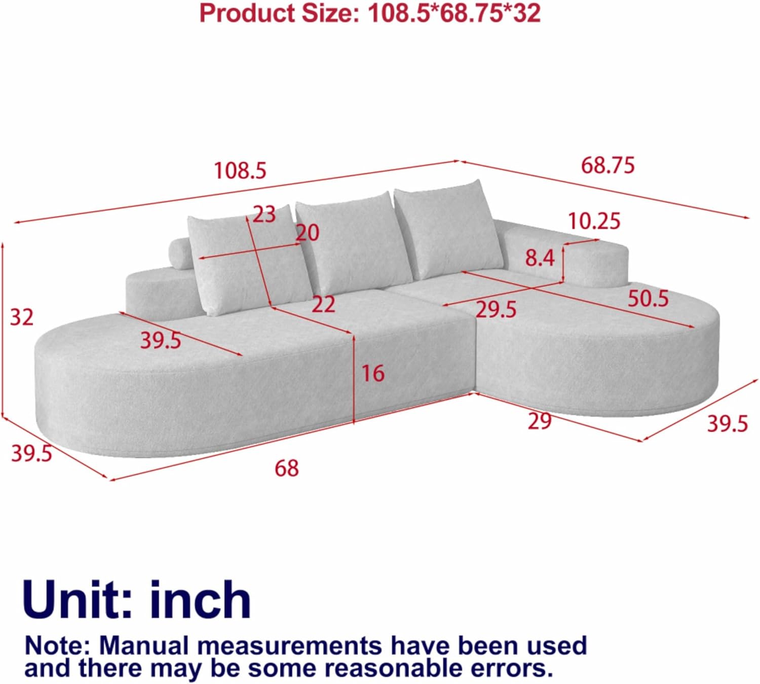 Modern Modular Curved Chenille Upholstered Sectional Sofa Couch Set with Pillows Free Combination Design Backrest Pillow Support Breathable for Home Bedroom Living Room (Beige,Left)