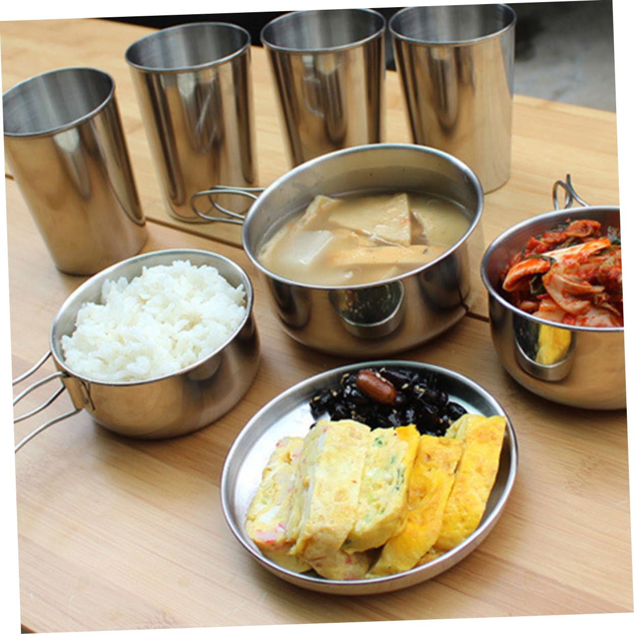 Happyyami 4pcs Stainless Steel Camping Cookware Set Durable Outdoor Cooking Pots for Hiking Climbing and Backpacking Lightweight and Portable Kitchen Supplies